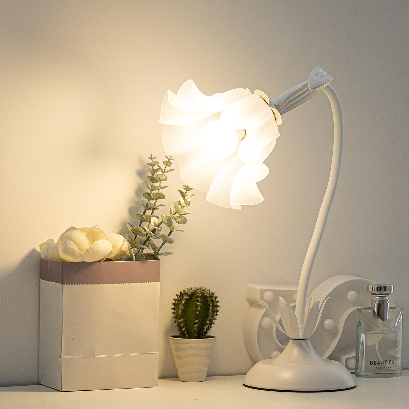 kaixunl Weiß Nachttischlampe,Acryl Blumen Tischlampe,Metall Schreibtischlampe Mädchen, Lampenschirm aus Acryl Frei drehbare Bedside Lamp mit dreifarbiger Beleuchtung für Schlafzimmer Wohnzimmer,50 cm