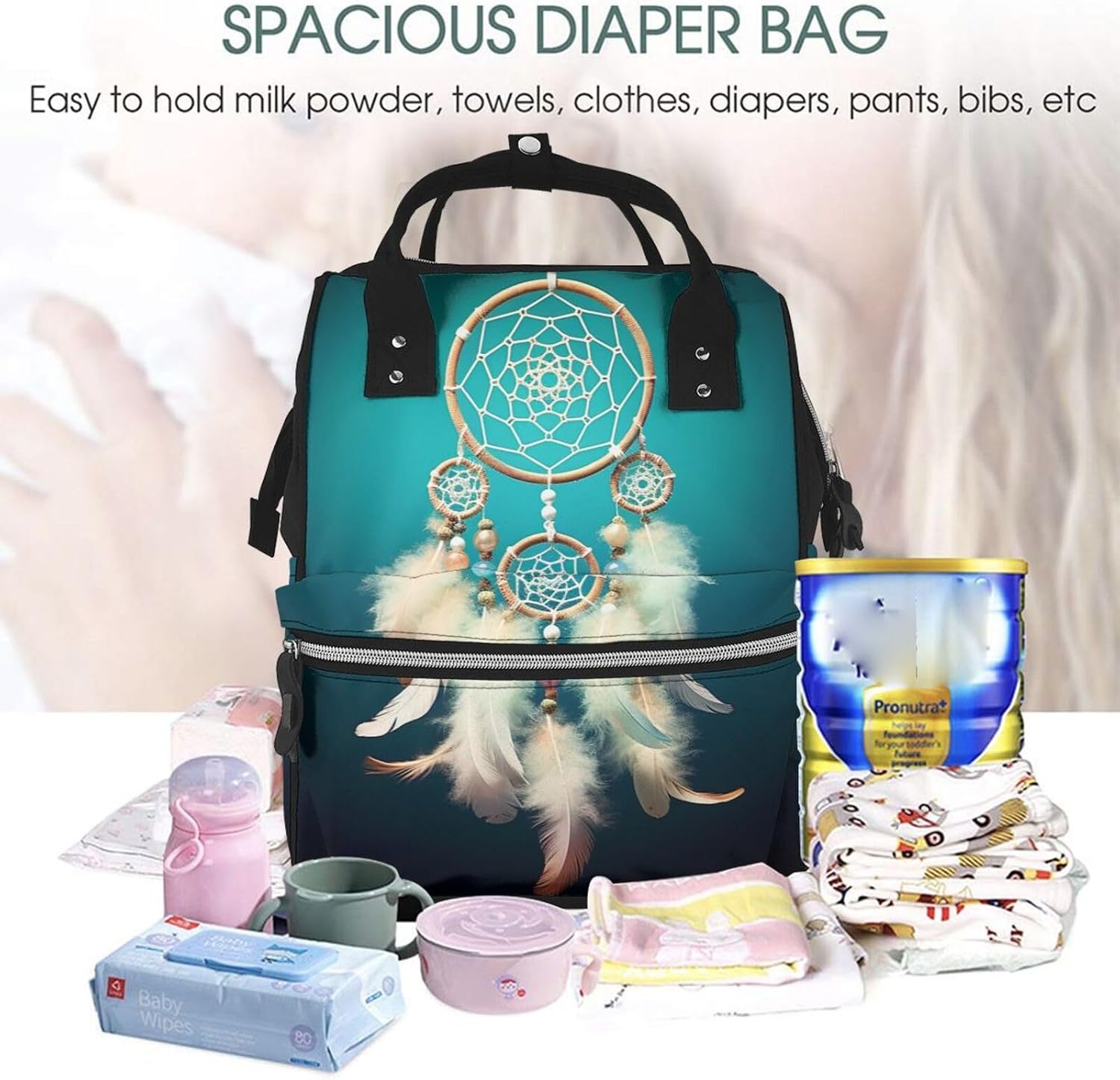 White dream catcher feather Diaper Bag with Changing Pad, Pacifier Holder - Multifunction Travel Nappy Bags Large Capacity Laptop Backpack Waterproof Mommy Bag Casual Daypack for Mom image 5