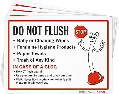 SmartSign (Pack of 4) 5 x 7 inch “Do Not Flush - Baby Or Cleaning Wipes, in Case of A Clog Do Not Flush Again†Sticker Labels, 5 mil Laminated Polyester with SuperStick Adhesive, Red, Black and White