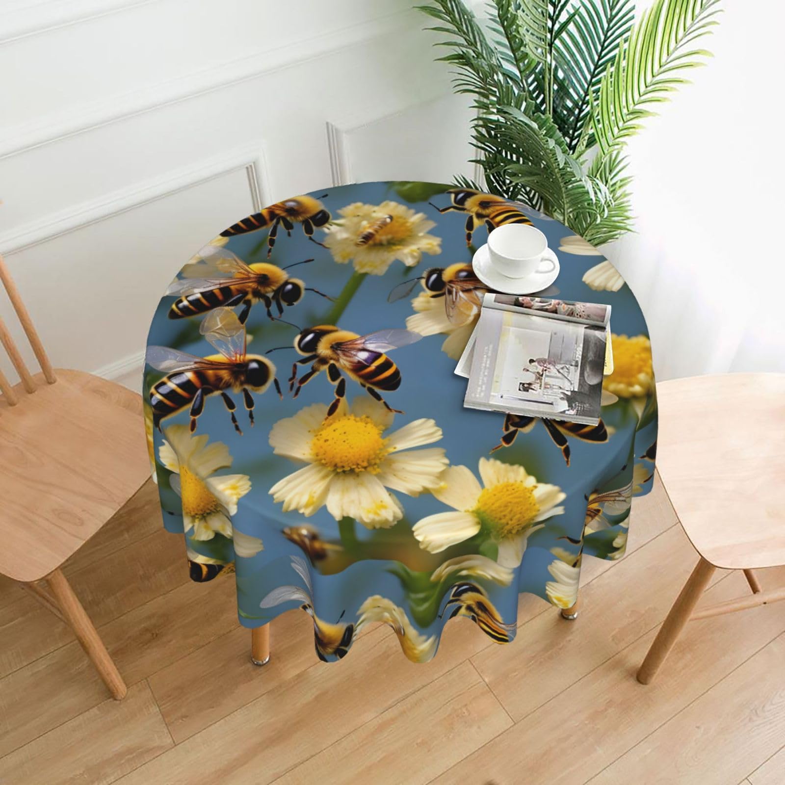 Nbtghga Honey Bees Flowers Print Tablecloth Round Border Table Cloth Cover Decorative For Party Holiday Dinning Tabletop Home