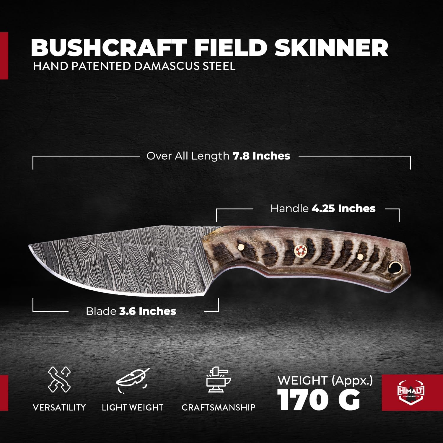 Damascus Dominion Premium Handmade EDC Compact Knife, Cazador 330, 260-Layer Damascus Steel, 3.6" Fixed Blade, Leather Sheath, for Camping, Bushcraft, Rope Cutting and Food Prep (Ram Horn)