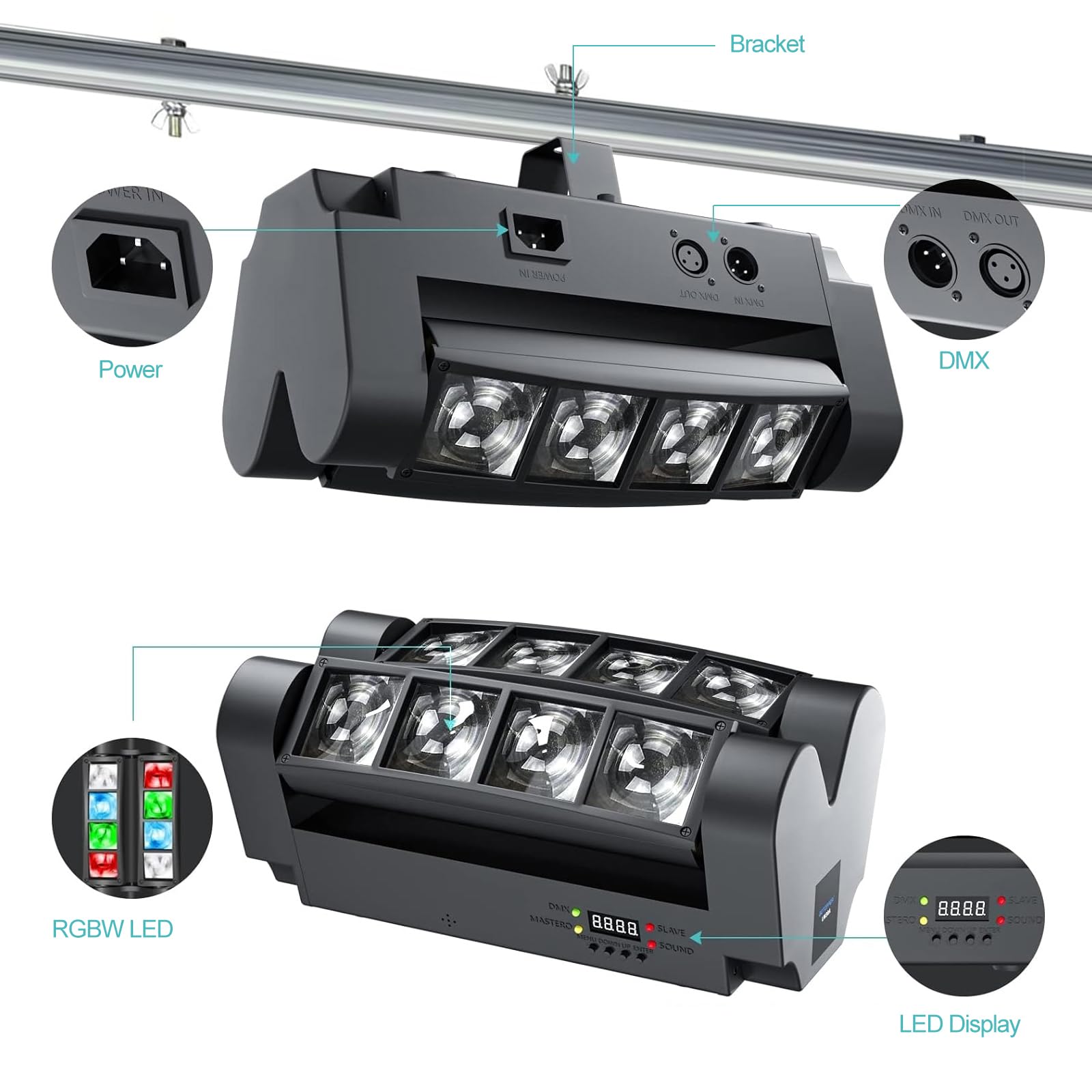 KOOT Lumière DJ 2025 à 8 LED, lumière stroboscopique disco RVBB, lumières de fête, lumières de scène DJ, DMX512 et contrôle du son pour Noël, Halloween, anniversaire, mariage, karaoké, décorations de