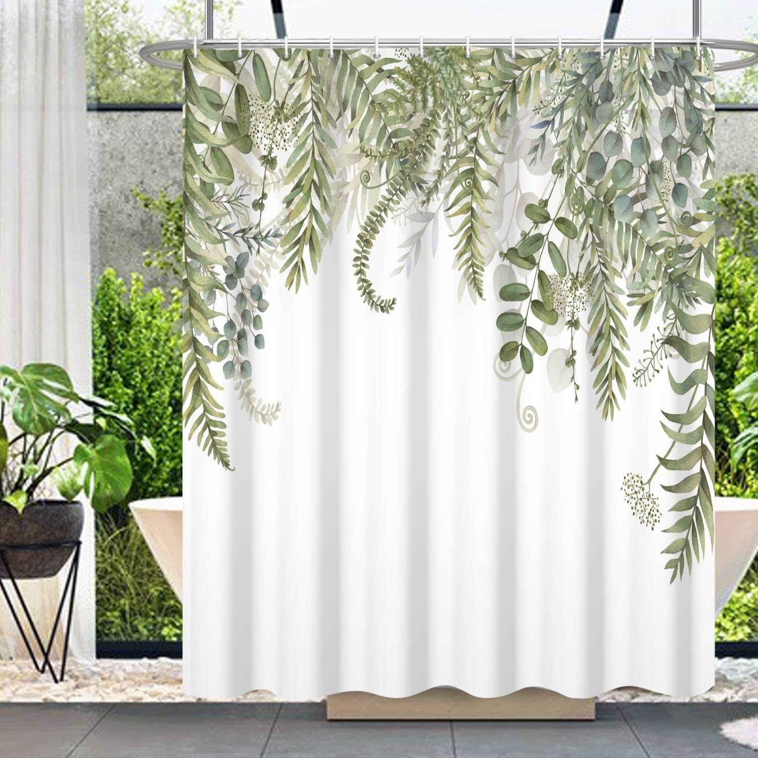 Sage Green Leaves Shower Curtain for Bathroom Tropical Leaf Greenery Botanical Eucalyptus Leaves Watercolor Minimalist Fabric Waterproof Shower Curtain with 12 Hooks, 72x72 Inch