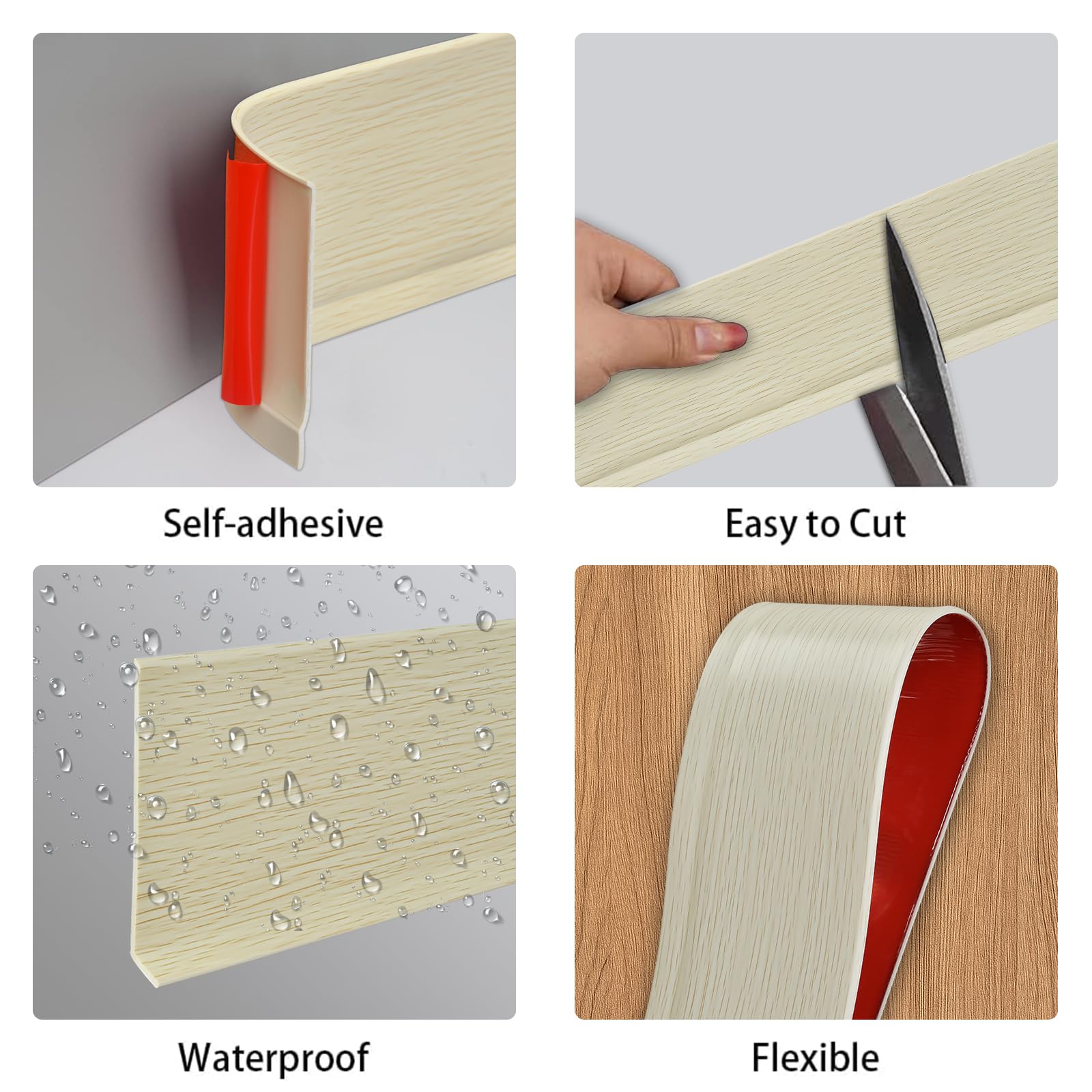 Zócalo flexible y autoadhesivo de acabado de PVC zócalo de pared flexible para pared suelo, 10 cm de ancho, 5 m, grano de madera beige