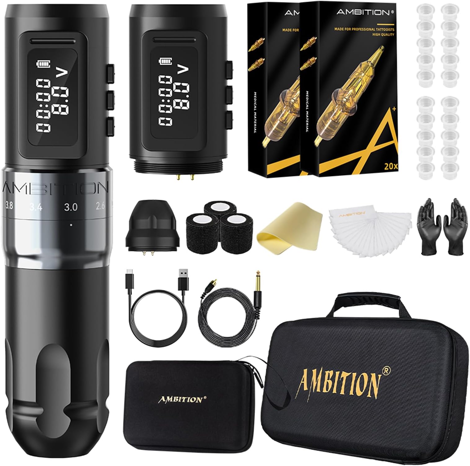 Tattoo Kit - Ambition Mars-U Wireless Tattoo Machine Kit with Adjustable Stroke 1800mAh Power with 40pcs Tattoo Cartridges Needles Ink Cup Gloves Bandage Practice Skin for Professional Tattoo Artists
