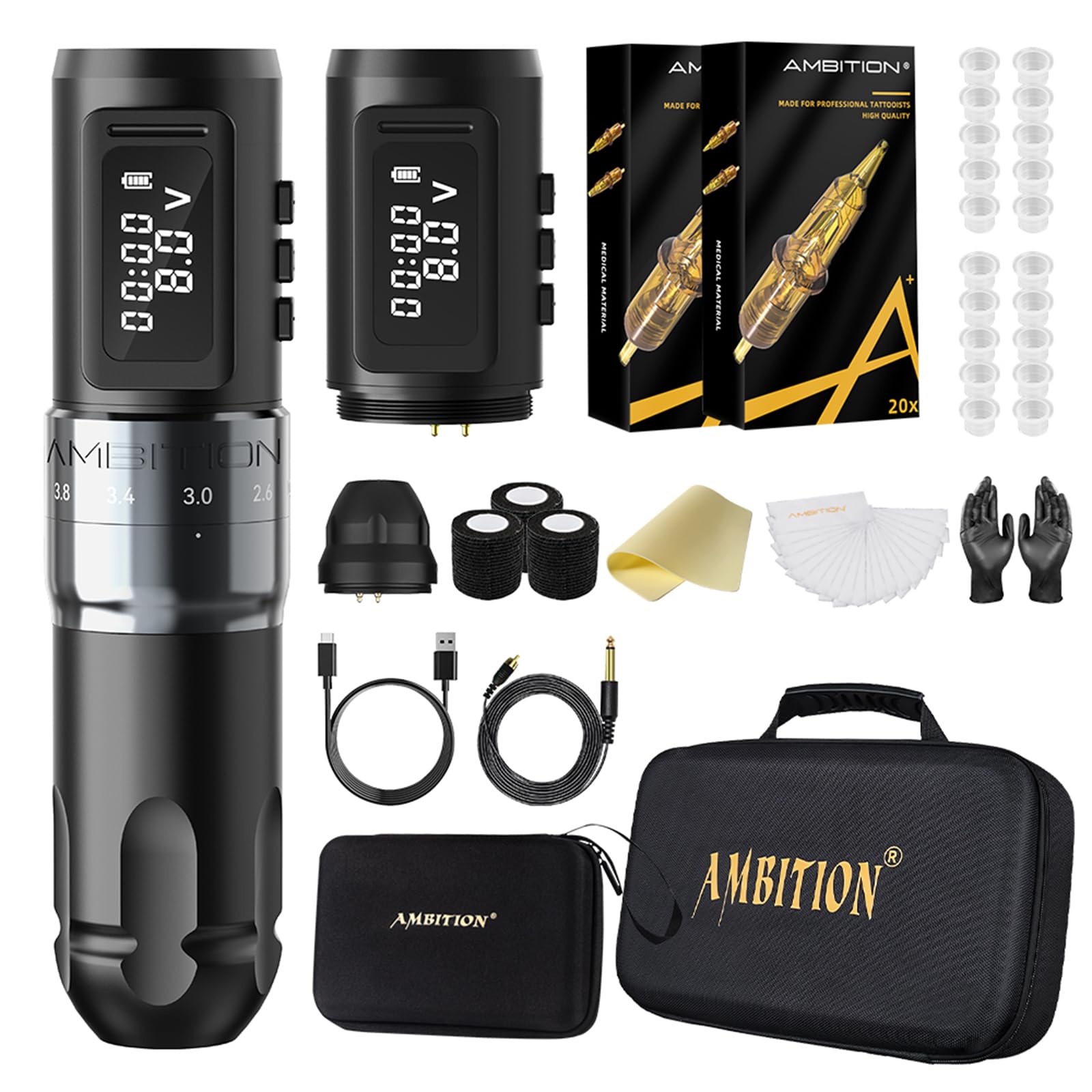 Tattoo Kit - Ambition Mars-U Wireless Tattoo Machine Kit with Adjustable Stroke 1800mAh Power with 40pcs Tattoo Cartridges Needles Ink Cup Gloves Bandage Practice Skin for Professional Tattoo Artists