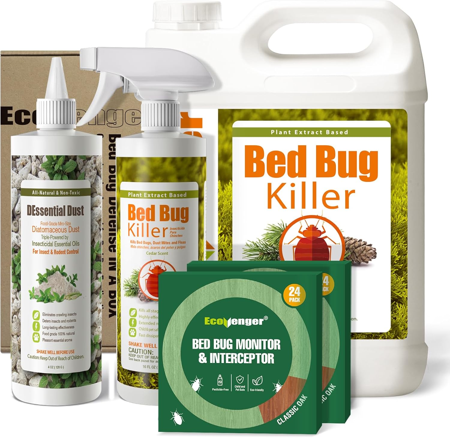 B0FCLSL82SEcoVenger (Formerly EcoRaider) Complete Bed Bug Killer Bundle — 1 Gallon + Defense-in-A-Box (16oz Spray, DEssential Dust & Monitor Trap) — 100% Kill on Contact, Residual