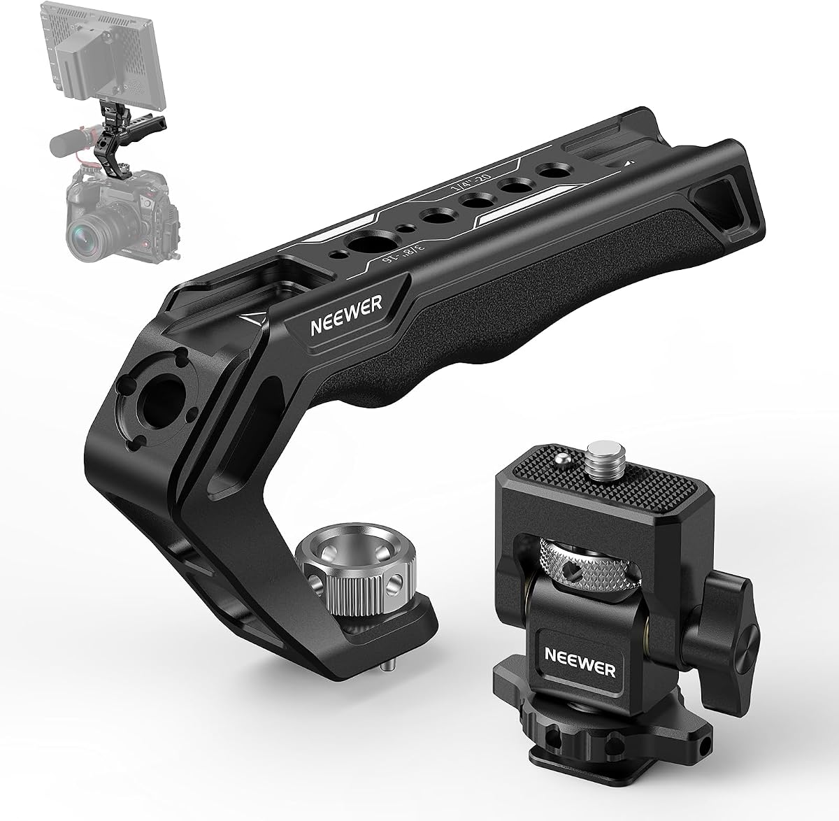 CA007+MA006 Juego de montaje de mango superior y monitor, negro, compatible con monitor de campo de 5" y 7", jaula de cámara y cardán, ubicación ARRI de 3/8"+ zapata fría, capacidad de carga de 22 lb