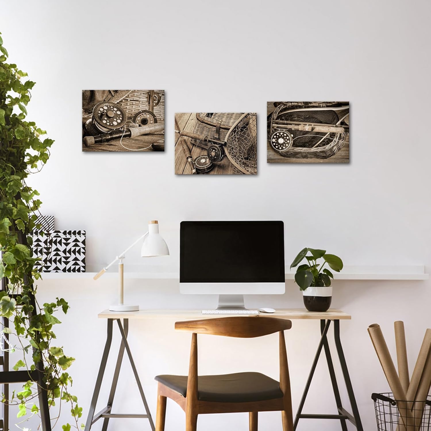 VANSEEING 3 Pieces Vintage Fishing Rod Net Wall Art Canvas Prints Fisherman Man Cave Pictures Retro Sepia Brown Fishing Tackle Artwork Wall Decor for Farmhouse Lake Cabin Bedroom 12"x16"x3 - Image 3