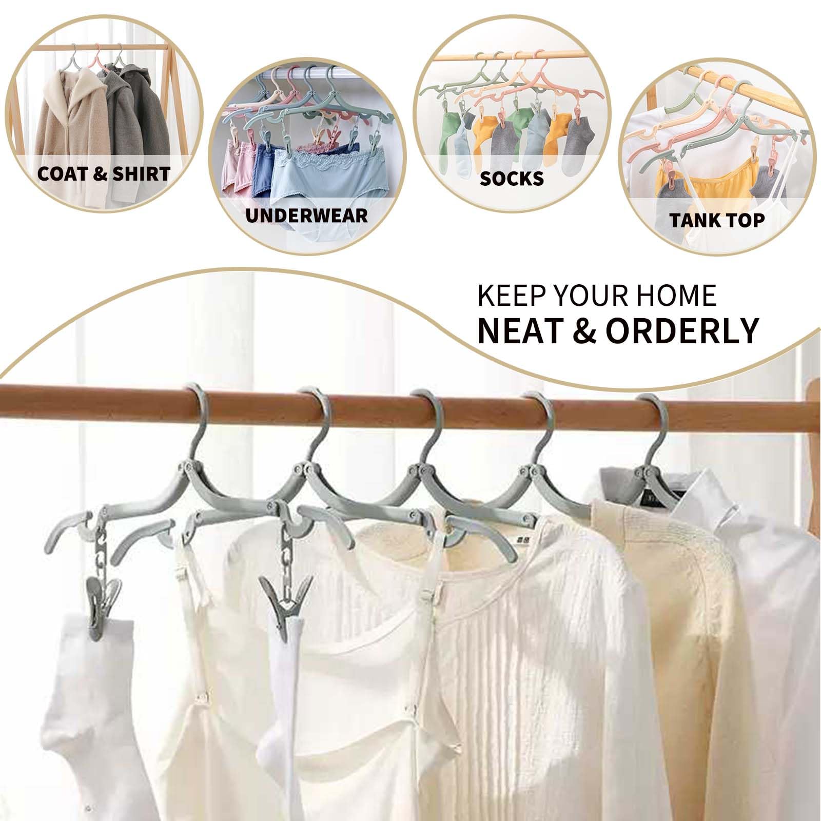 Lot De 12 Cintres Pliables Avec Clips - Plastique Haute Qualité - Voyage, Maison, Camping