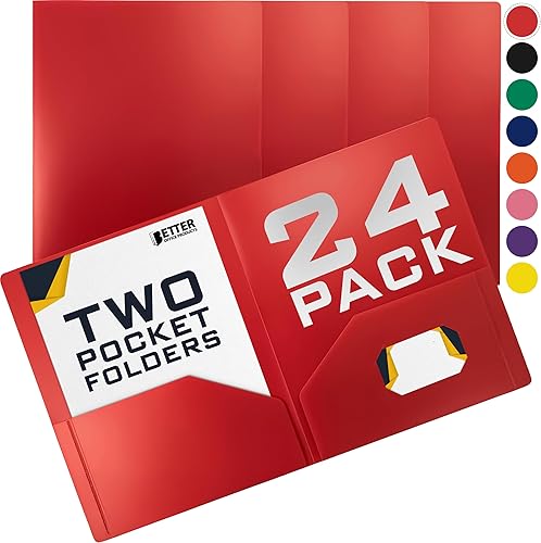 Better Office Products Carpetas de plástico pesado con 2 bolsillos, carpetas de polietileno tamaño carta, paquete de 24 (rojo)