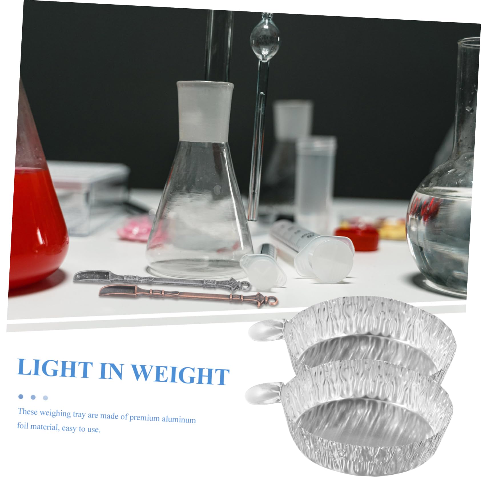 OUNONA 100pcs Liquid Weighing Pan Muffin Tray Double Foil Trays Labs Foil Weighing Plate Handle Foil Mixing Trays Tin Weight Laboratory Equipment Dry Powder Container Silver Aluminum Foil