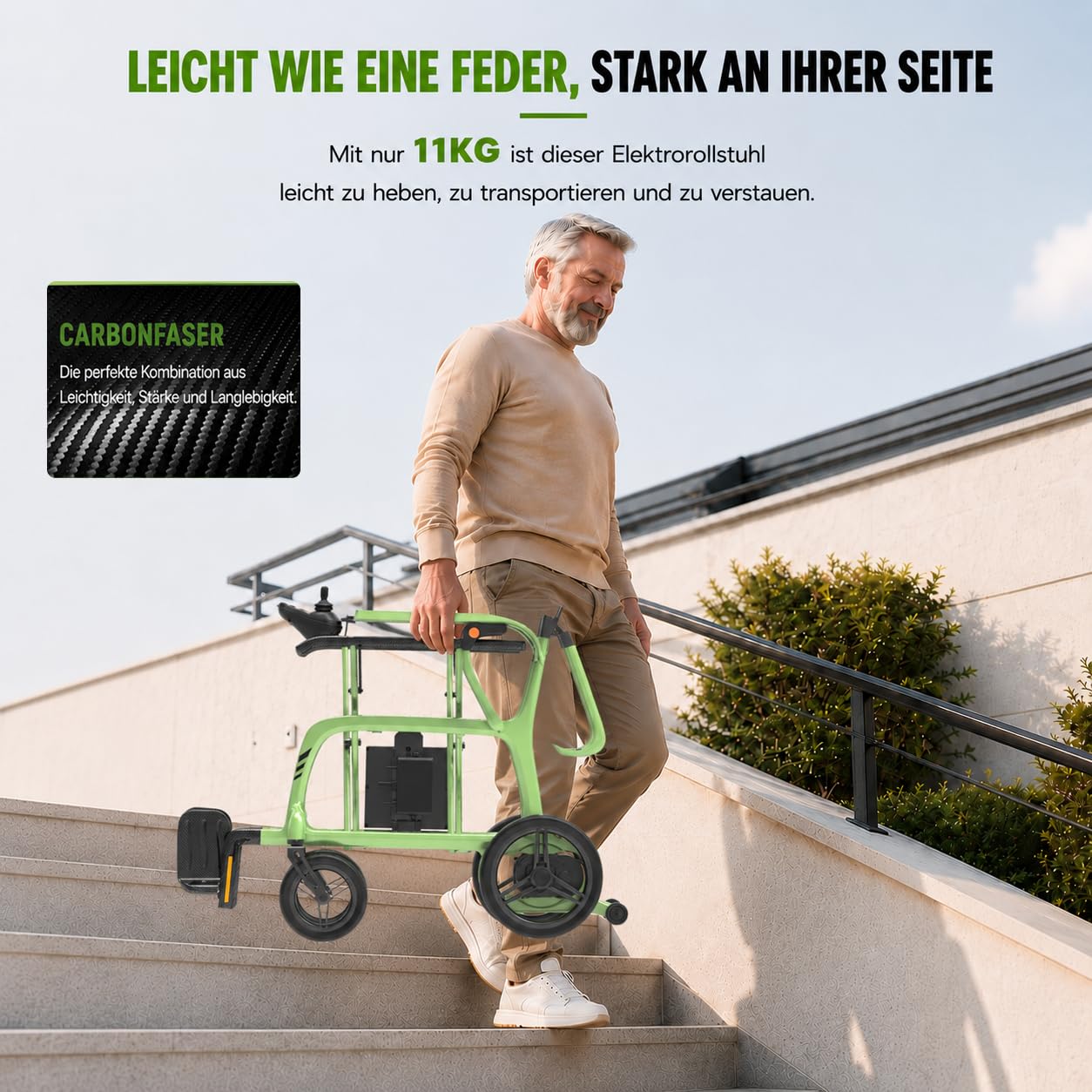 Nur 11 kg Rollstuhl Elektrisch Faltbar, LED-Anzeige, 100% Kohlefaser, 48+ km Reichweite Elektrischer Rolls, 2 * 12AH Batterien Elektrorollstuhl, mit Sitzkissen, Tragetasche, Staubschutzhülle