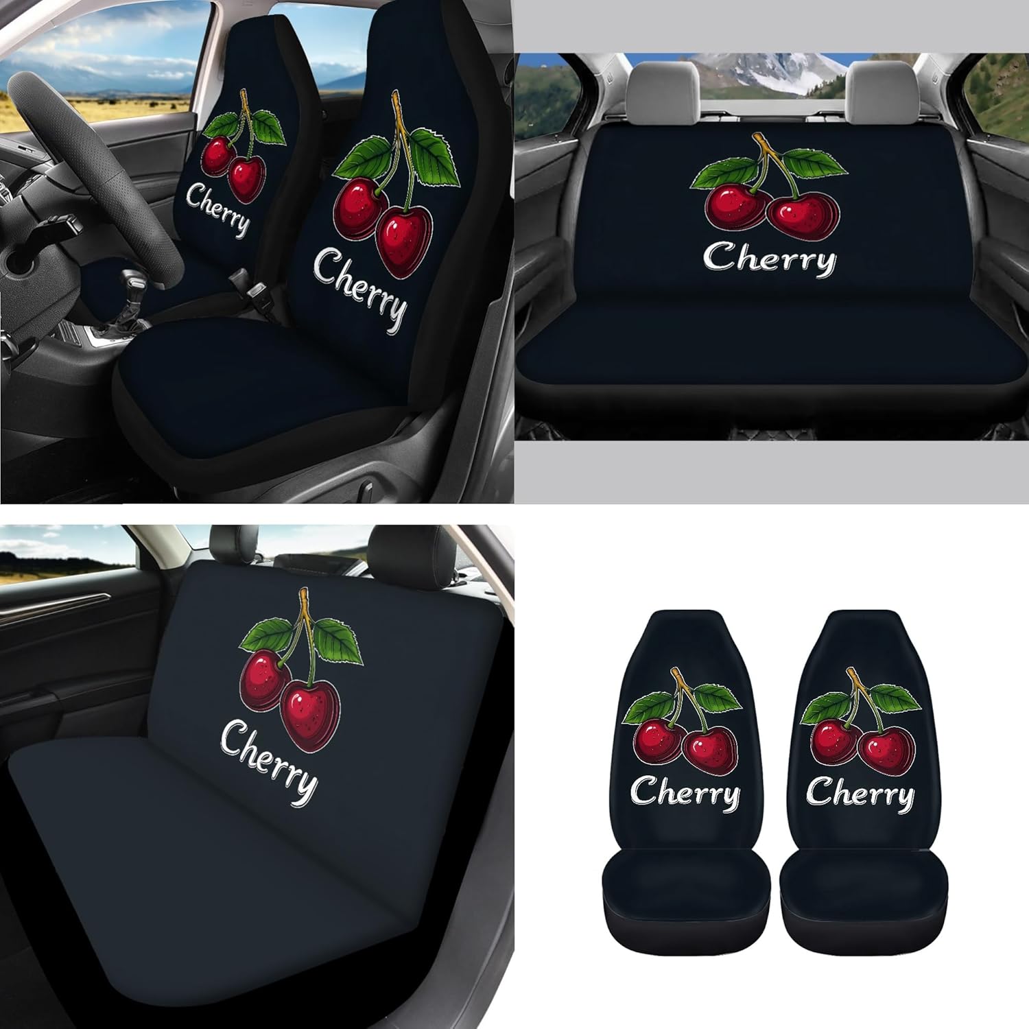Red Cherry Car Seat Covers - 14 PCS, Steering Wheel, Seat Belt Pads, Waste Basket, Rearview Mirror, Cup Holder, Center Console, Handbrake, Gear Shift, Fit for Truck Sedan SUV, Black