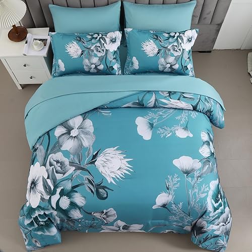Miniatura 3 de Luxudecor Juego de edredón floral tamaño King de 7 piezas, cama de flores azul verdoso en una bolsa, elegante juego de ropa de cama de edredón para