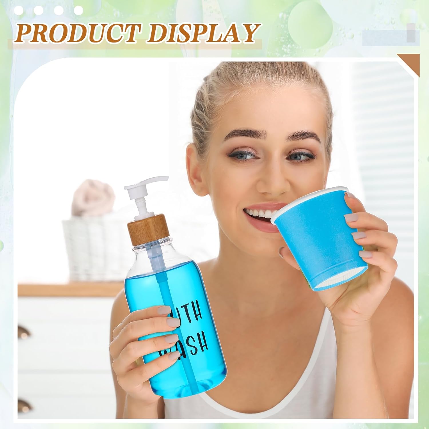 2 Sets Mouthwash Dispenser for Bathroom 17 Oz Refillable Mouth Wash Pump Bottle Paper Cup Holder with Bamboo Lid and Tray Clear Mouthwash Container for Bathroom Vanity Kitchen Sink - Image 5
