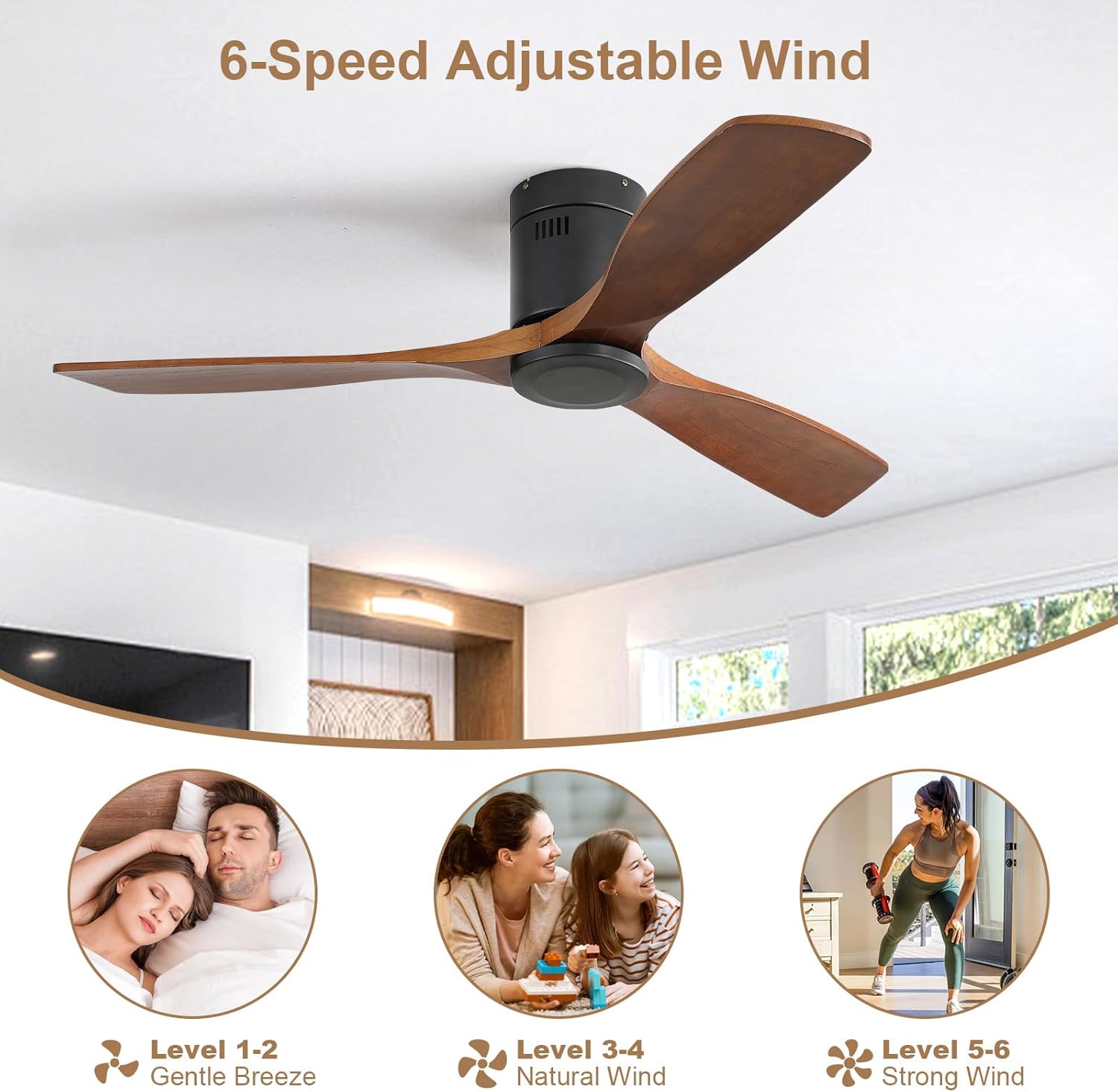 CACI Mall Ceiling Fan No Light, 52 Inch Low Profile Flush Mount Modern Wood Ceiling Fan with Remote, Reversible Quiet DC Motor, Suitable for Bedroom Living Room Patio Farmhouse Indoor/Outdoor