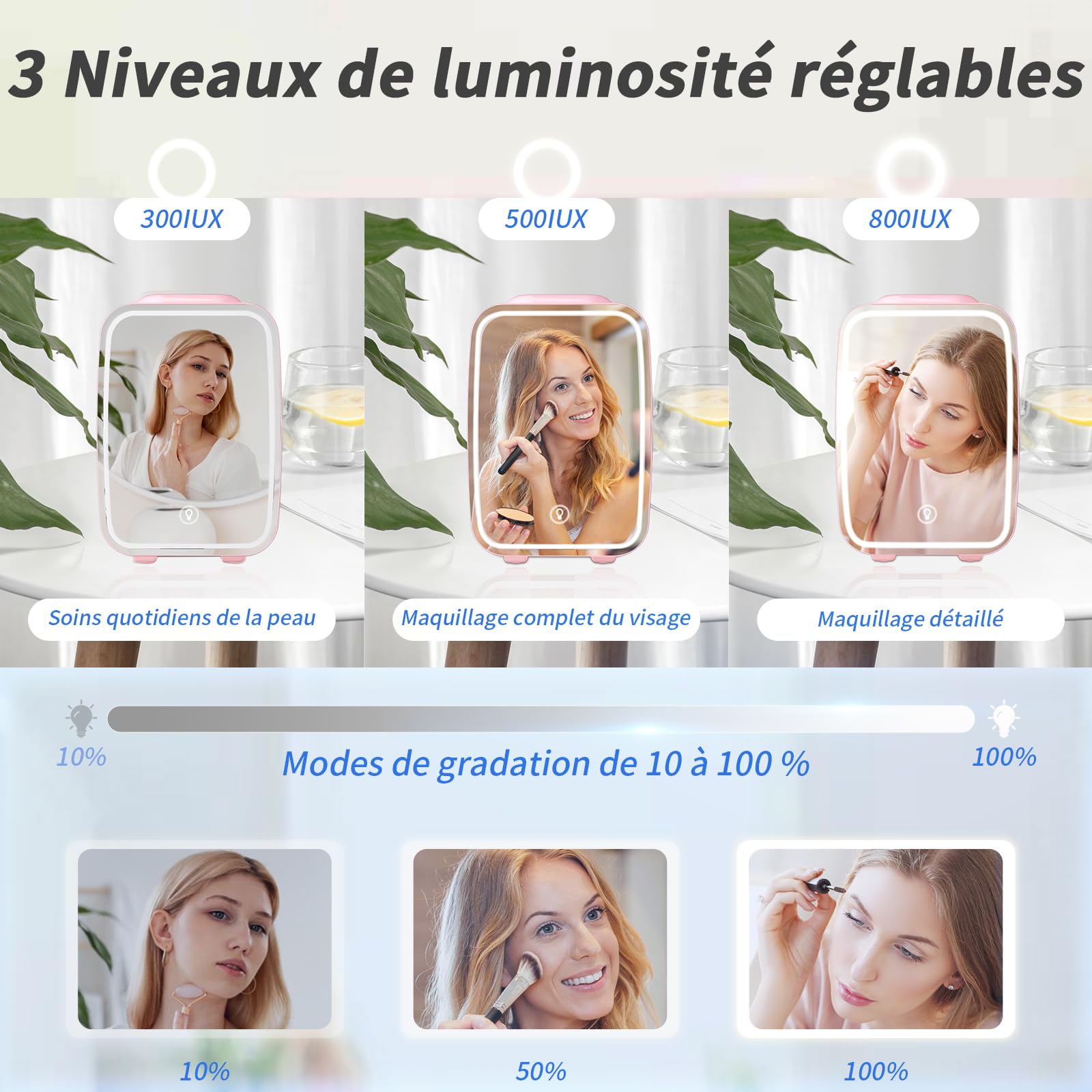 YASHE Mini Frigo pour Chambre, Frigo Skincare avec Miroir LED, Petit Frigo de 4L Portable, Thermoelectrique Chauffe & Refroidisseur 220V AC / 12V DC pour Voiture, Bureau, Dortoir (Rose)