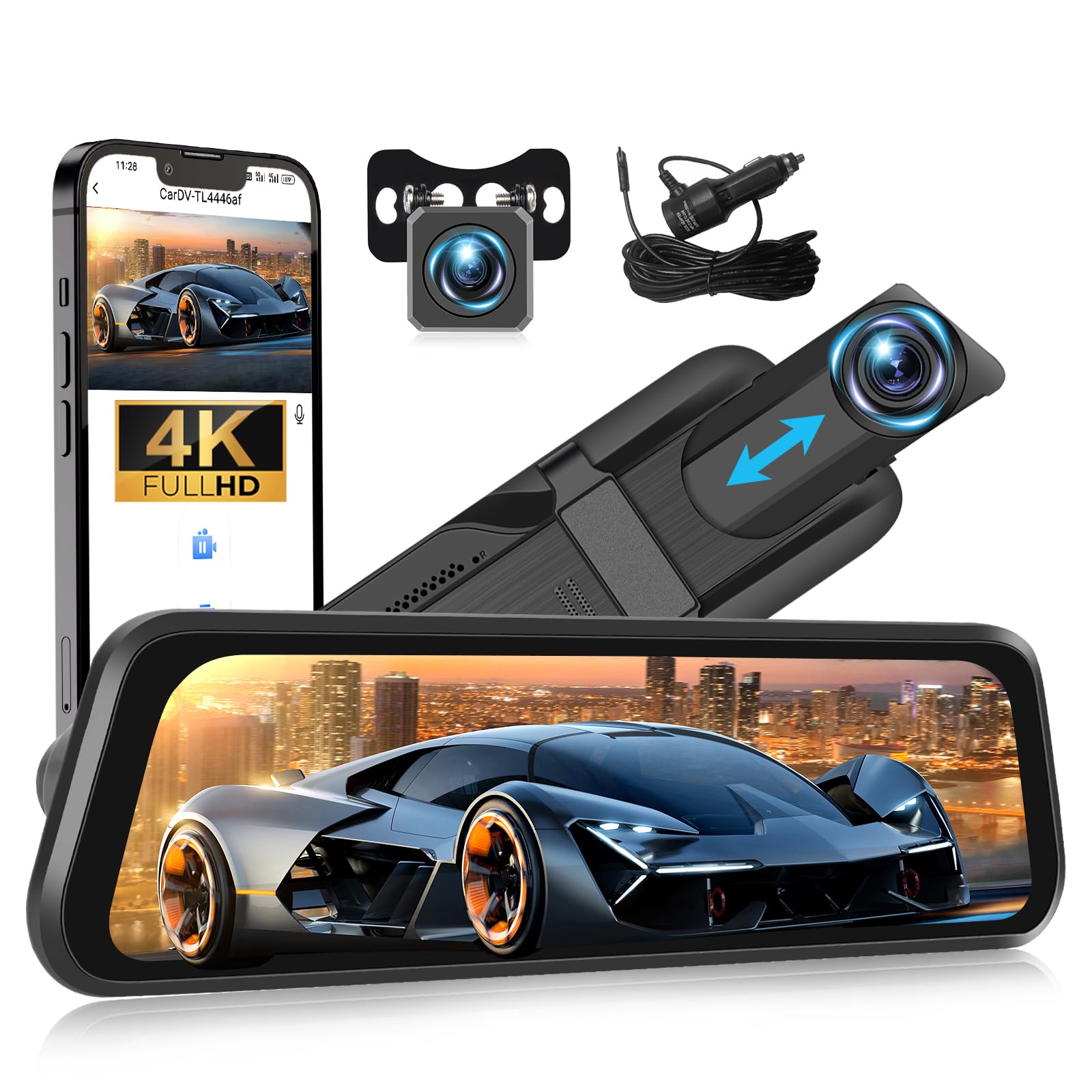 OiLiehu 9,66 Pollici Touchscreen 4K HD Mirror Dashcam con Telecamera Posteriore WiFi Dash Cam per Auto con G-Sensor/WDR/LCA/BSD/Monitor Parcheggio/Registrazione in Loop/Grandangolo 150°/Visione Nott