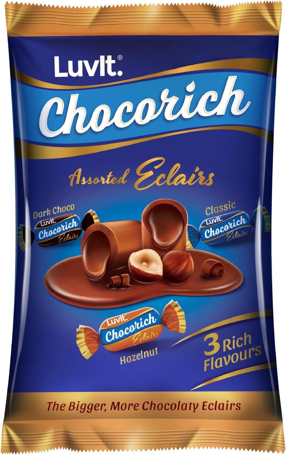 - LuvIt. Chocorich Assorted Eclairs Chocolate Birthday Pack | Hazelnut, Dark Choco & Classic | 60 Pieces - 480 Gm