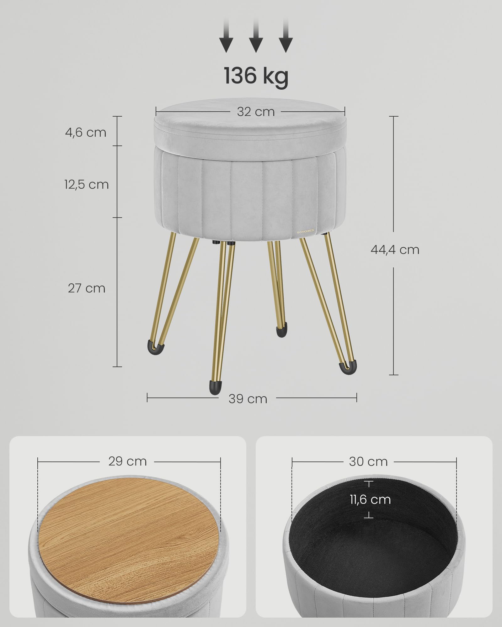 SONGMICS Sgabello Pouf Contenitore, Cassapanca Rotonda, Sgabello Toeletta in Velluto, 39 x 44,4 cm (Diam. x A), 4 Gambe in Metallo, Soggiorno Camera da Letto, Grigio Tortora LOM003G02