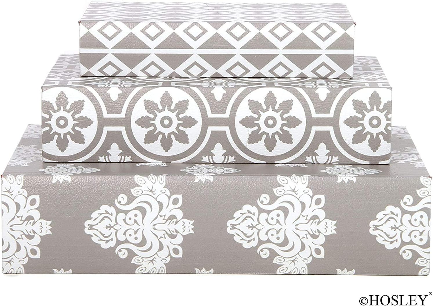 Hosley 2 Sets Storage Memory Book Box Set /3, Gray White Farmhouse Large 12", Med 10" Small 8" High Ideal Gift for Wedding Memories Jewelry Trinket Hobby Keepsake Cash Pill Polish Gifts Letter File Photo O6