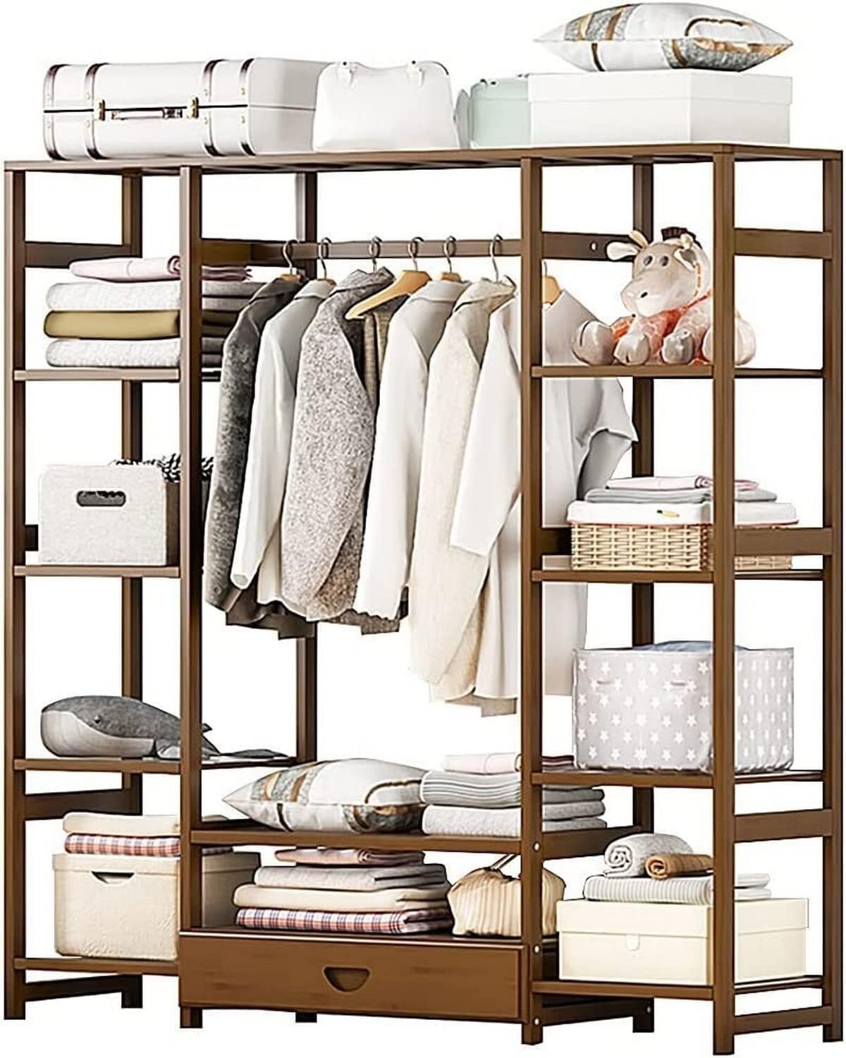 Portant à vêtements en bois 120cm penderie ouverte porte-chaussures chambre