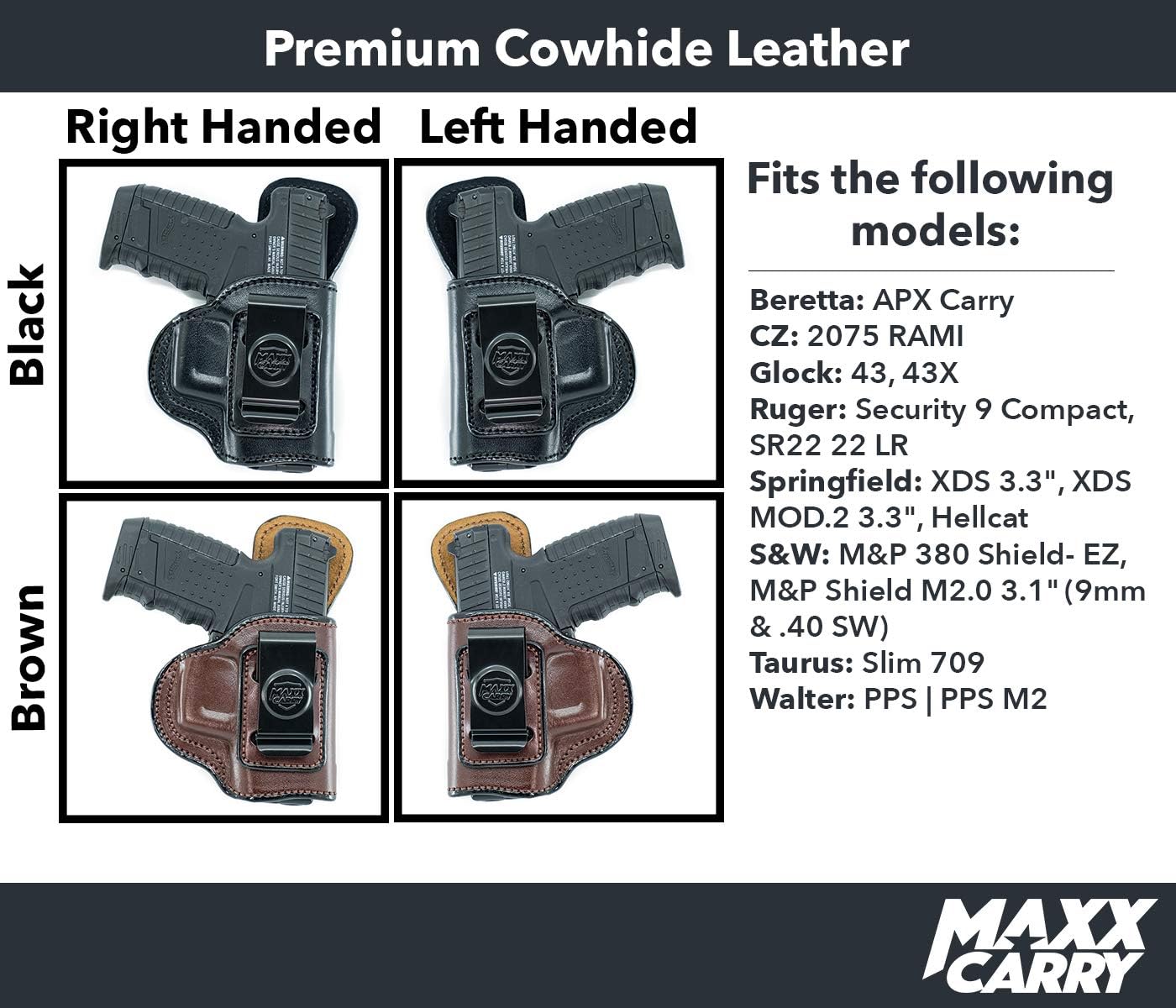 Maxx Carry IWB Leather Gun Holster Compatible with Glock 43, 43X 9mm |Walther PPS, PPS M2 | Springfield XDS 3.3, Hellcat | S&W M&P 380 Shield EZ | Beretta APX Carry | Taurus PT 709 Slim