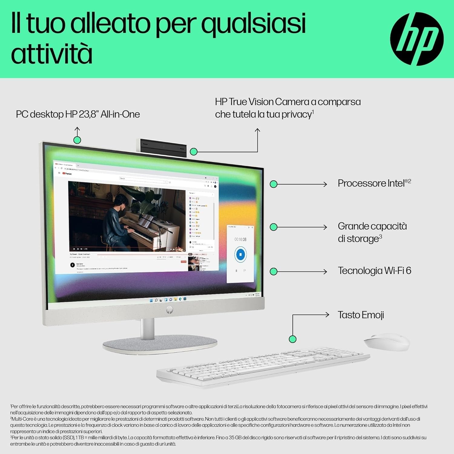 HP All-in-One 24-cr0000sl Intel Core i3-1315U 8GB RAM 512GB SSD 23,8" FHD IPS Windows 11 Bianco