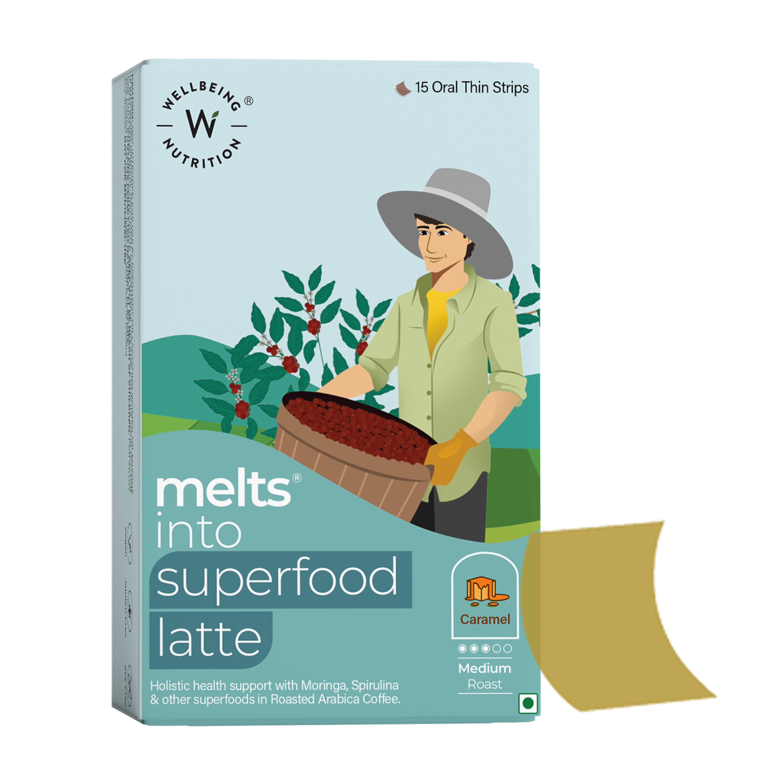 Melts Superfood Latte | Arabica Coffee, Spirulina, Ashwagandha & Moringa for Holistic Health, Immune Support & Stress Relief | Caramel Latte Flavor (15 Oral Strips)