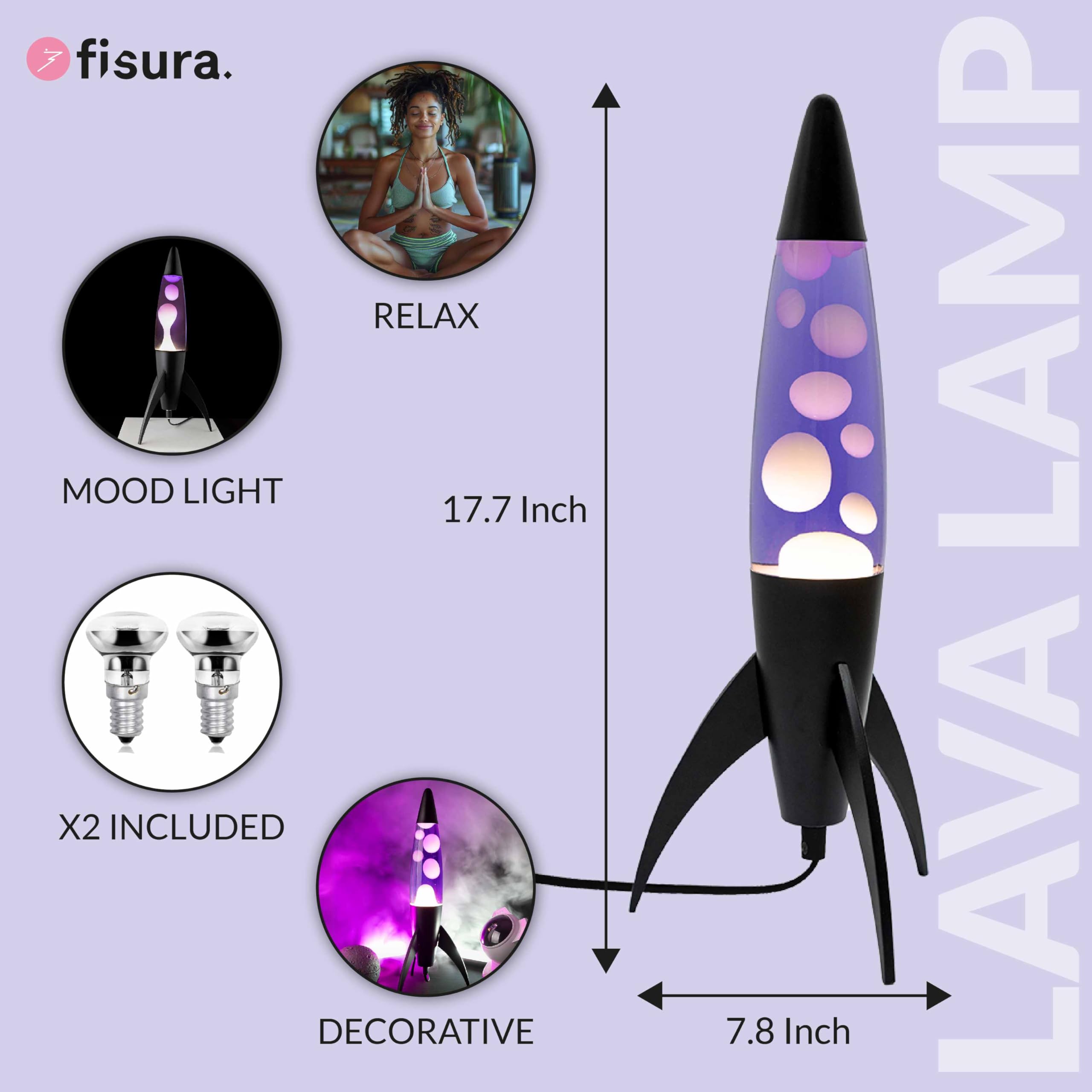 Fisura - Fioletowa lampa lawowa "Rocket". Czarna podstawa, fioletowa ciecz i biała lawa. Lampa lawowa retro z zapasową żarówką. Idealna do salonu, biura lub sypialni. Wymiary: 20 cm x 20 cm x 45 cm.