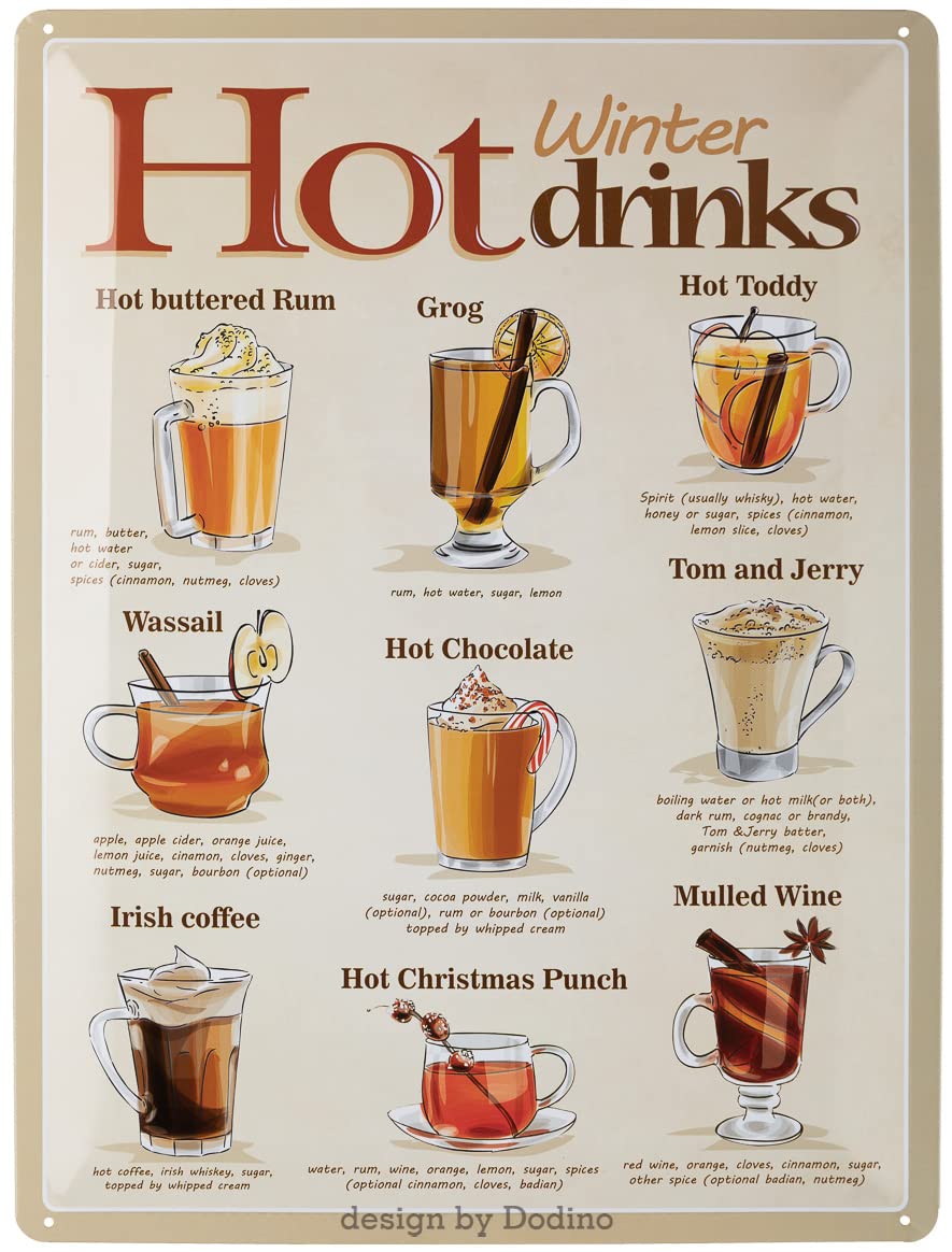 Dodino 30 x 40 cm Tin Signs Winter Hot Drinks Menu Recipe Decorative Home Accessory Decorative Metal Sign for All Bar Counter or Pub Owners