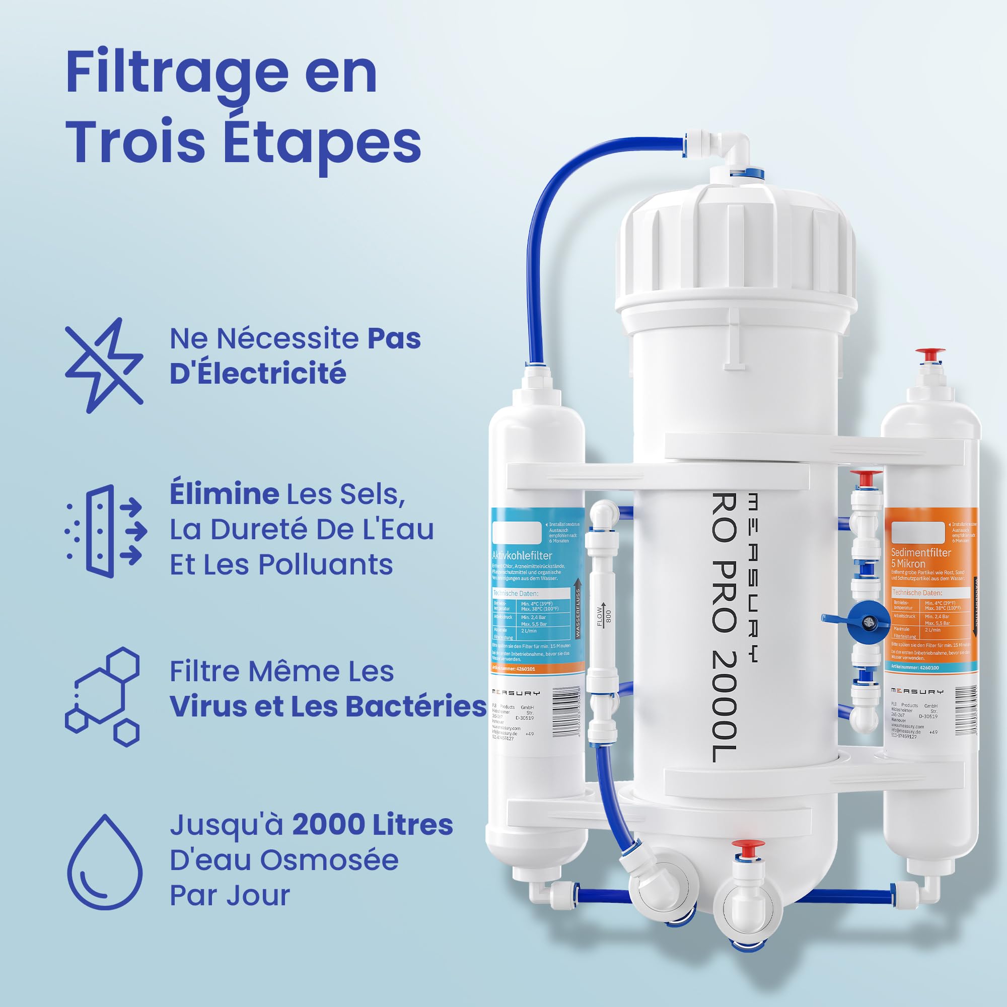 Measury Osmoseur Aquarium, Eau Osmosée Aquarium - 2000 litres par jour | Système d'osmose inverse pour aquarium, système d'osmose pour produire de l'eau osmose
