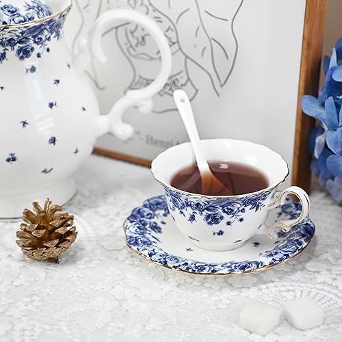 Miniatura 2 de Bone China - Juego de taza de té y platillo, 3 piezas, estilo vintage, juego de taza de té y platillo para mujeres y fiestas de té, caja de regalo