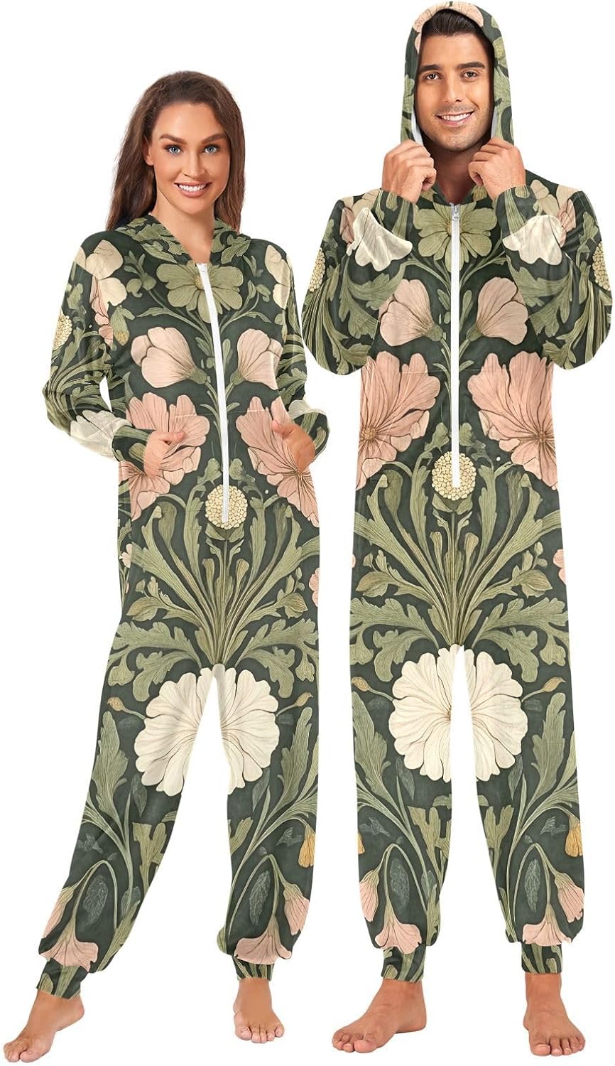 GAIREG Floral Dark Green Men's Women's Hooded Onesie Pajamas, Christmas Pajama Onesie for Adults