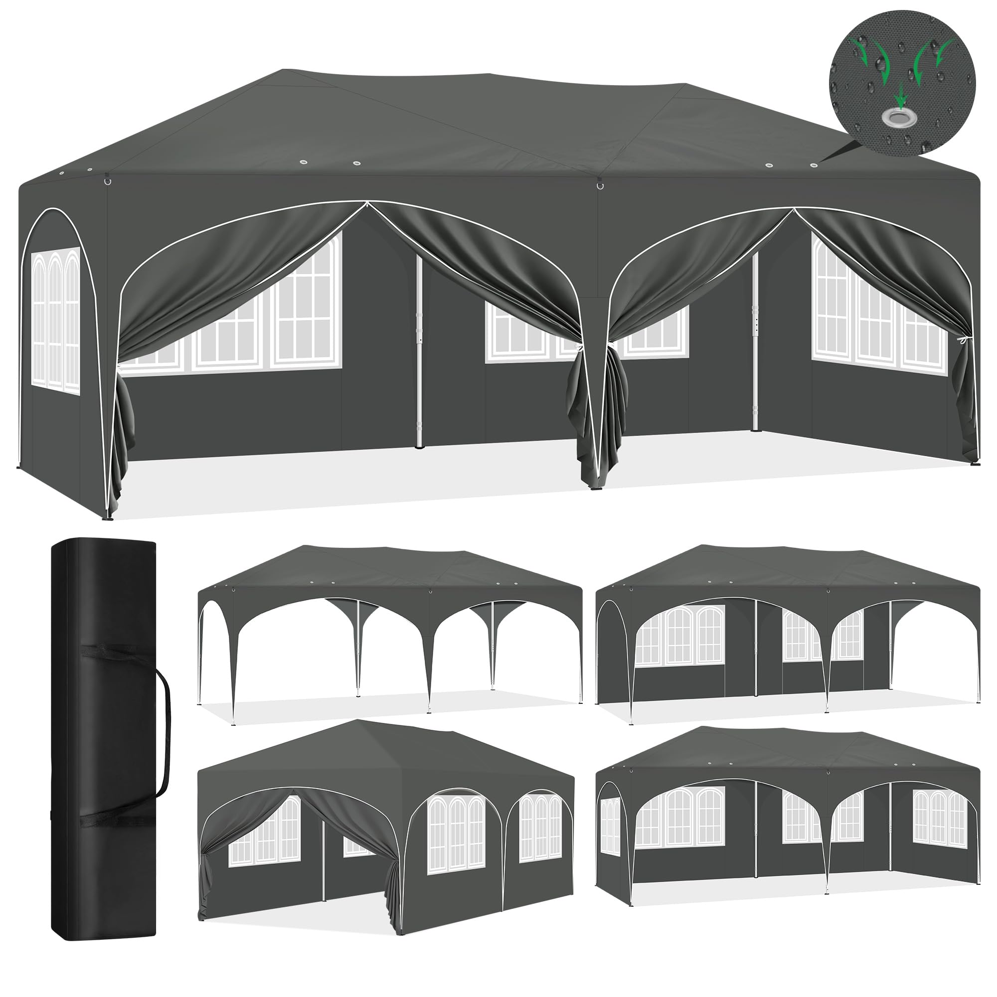 Laneetal Carpa Plegable 3x6 M, Gazebo de Jardín con 6 Paredes Laterales con Cremalleras En Las Ventanas, Pergola Jardín para Exterior, Pabellón Cenador para Camping y Fiestas, Gris