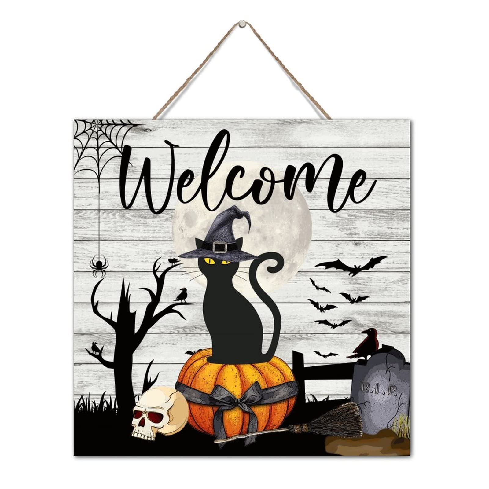 Décoration murale bois chat noir Welcome Halloween pour intérieur maison