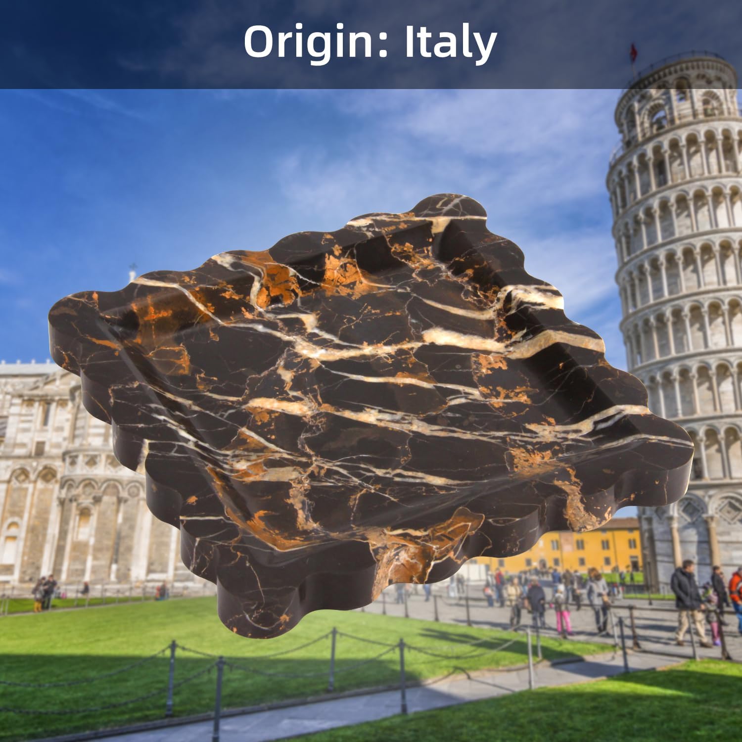 Square Marble Decorative Tray with Scalloped Edge,Luxury Natural Stone Bathroom Vanity Tray, Dresser Top Perfume Coffee Home Kitchen Toilet Sink Tray, Key Trinket Ring (Black Gold, 8 * 8)