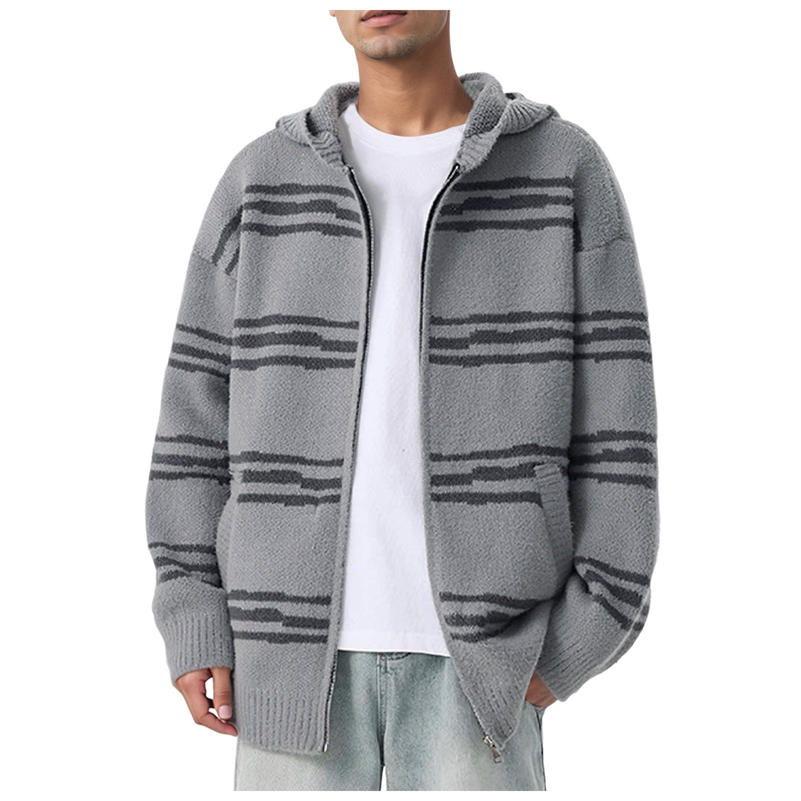 Cardigan con chiusura lampo, da uomo, con motivo a righe trasversali, con cappuccio, morbido, leggero, vintage, lavorato a maglia, per le mezze stagioni, comodi e caldi cardigan