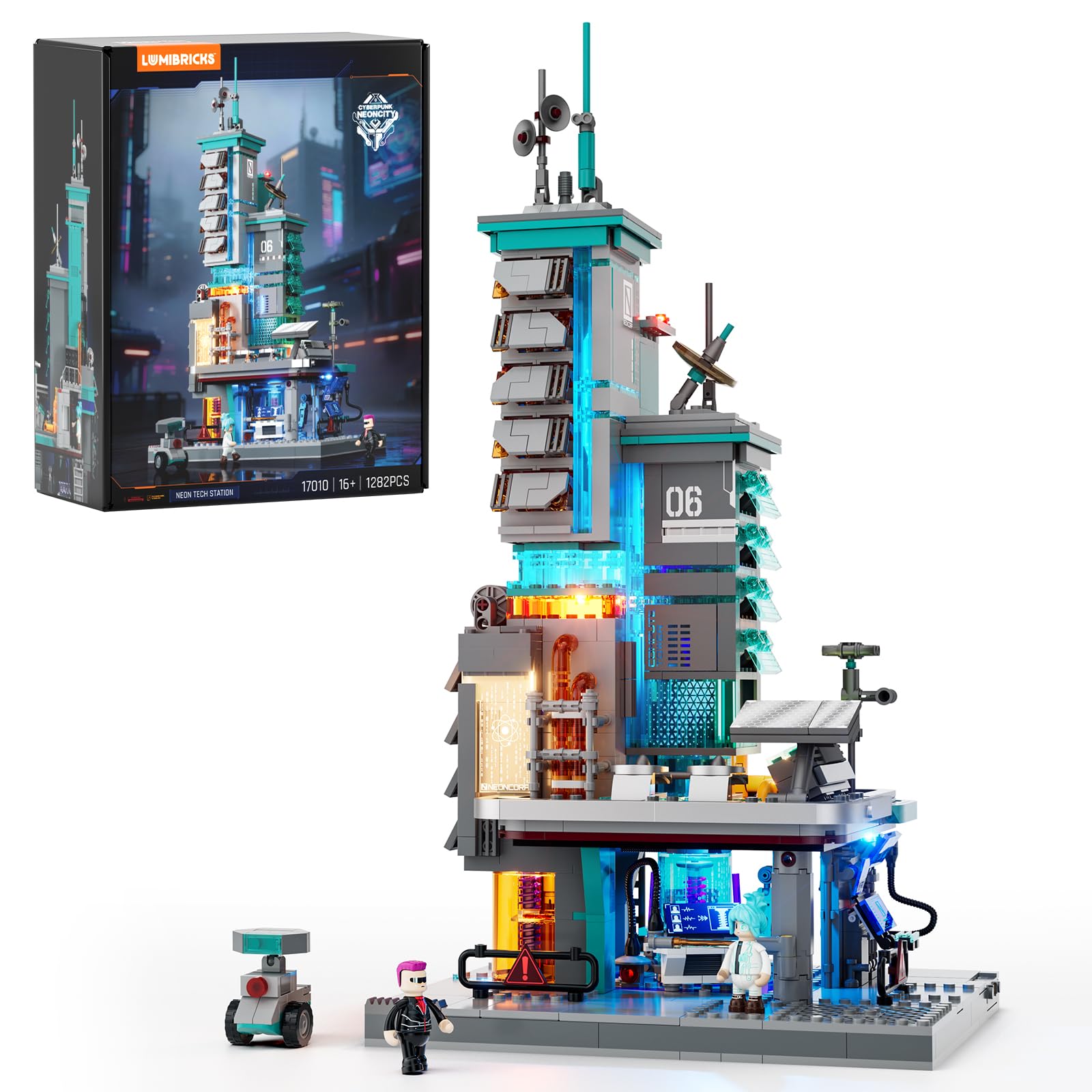 Lumibricks Neon Tech Station Beleuchtetes Klemmbaustein-Set, 1282 Teile Cyberpunk Hochhaus mit LED-Licht, Modulare Datenstation mit Herausnehmbaren Modulen & Stromverbundsystem