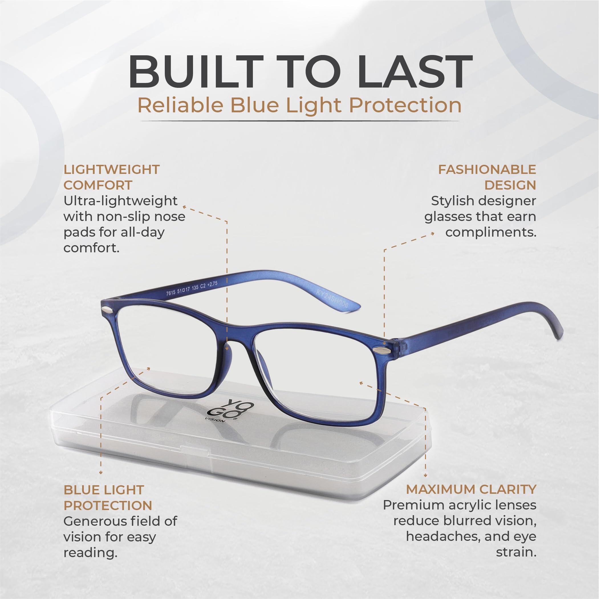 Yogo Vision Ultra cienkie i lekkie okulary do czytania dla mężczyzn i kobiet, elegancka i lekka ramka z przezroczystą obudową, opakowanie 2 szt. (czarny, granatowy 1,25)
