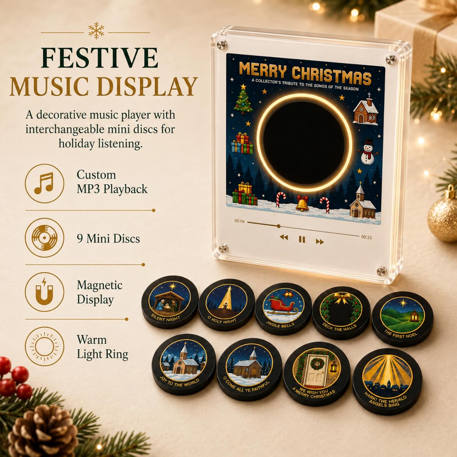 Christmas Vinyls, Christmas Vinyl Player Fridge Record NFC Magnetic Music Box Set, Mini Jingle Magnets, 9 Interchangeable Discs, 128mb Built in Storage, Led Acrylic Frame, Aesthetic Desk Decor Gift
