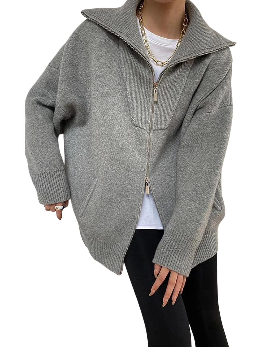 Women Big Size Thick Knitting Cardigan Lapel Long Sleeve Spring Autumn Sweater Gray One Size