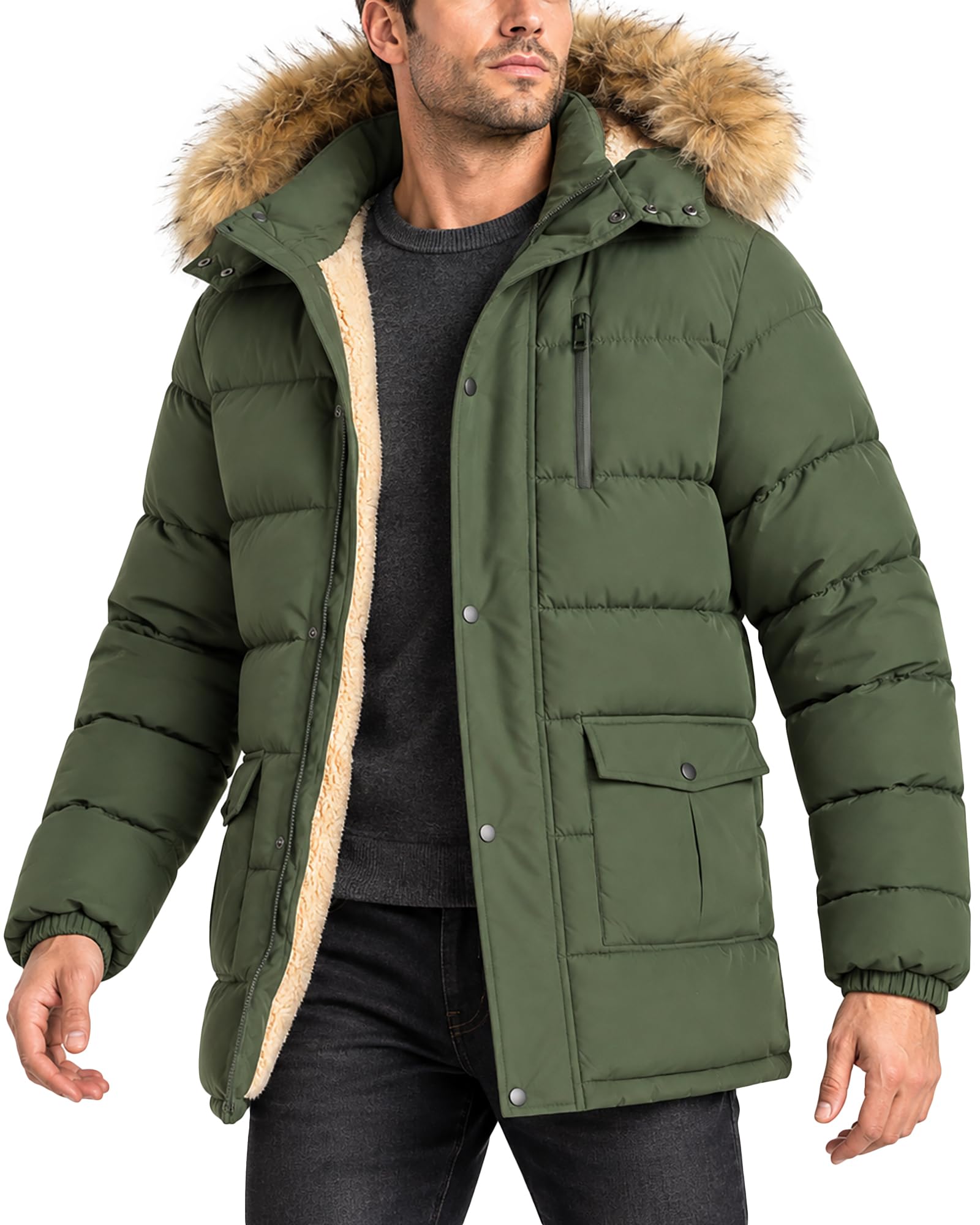 ZITY Men's Winter Jacket Thicken Sherpa Lined Fleece Parka Long Outerwear Fur Coats Water-Resistant Windproof Hooded Jackets