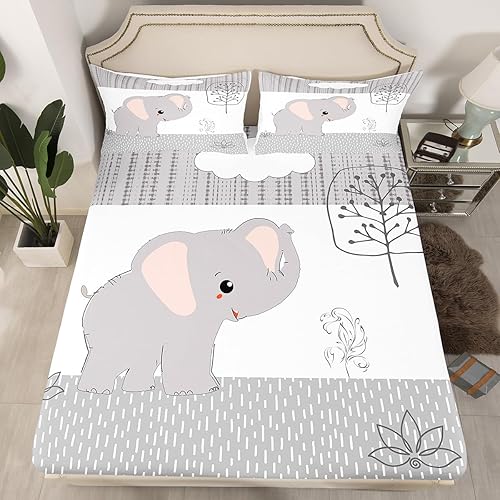 Castle Fairy Sábana bajera ajustable de elefante de dibujos animados, lindo animal salvaje kawaii, ropa de cama de tela suave con bolsillo profundo,