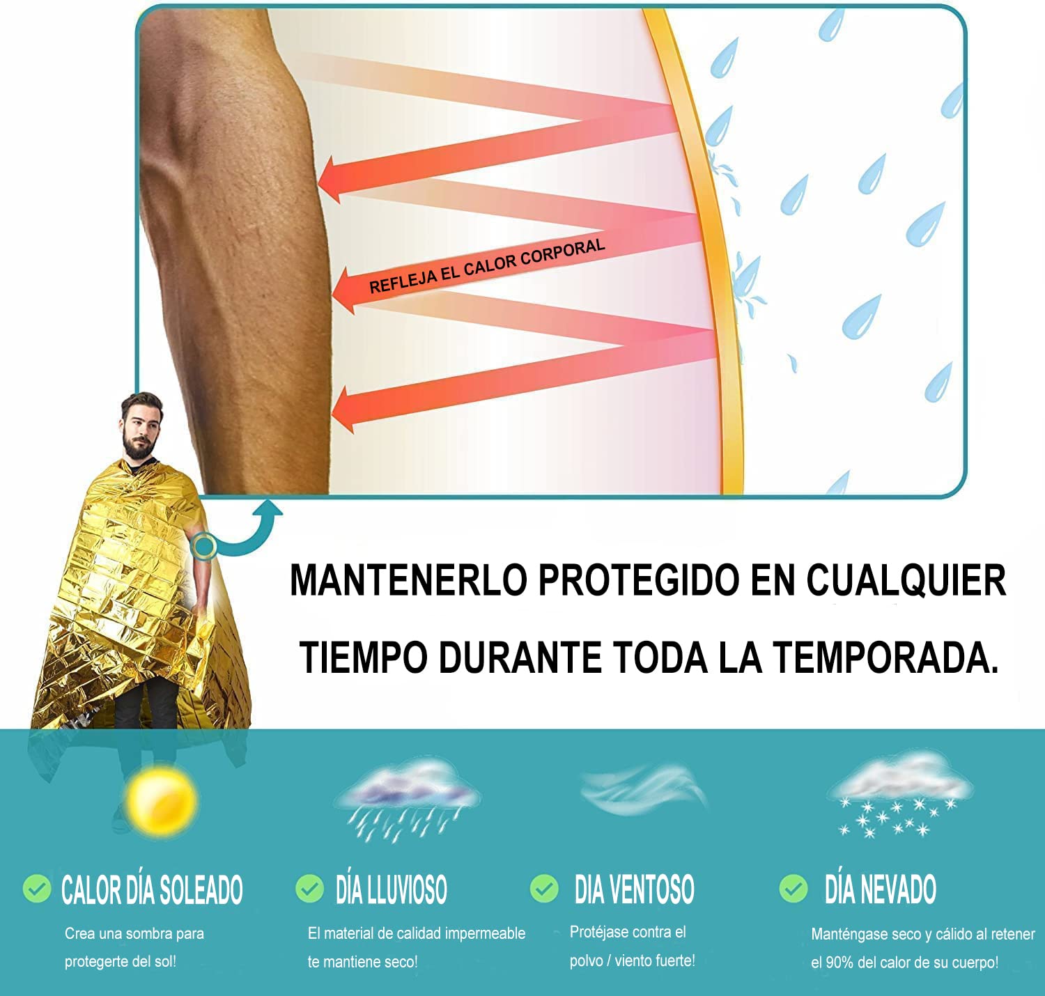 HonYao Manta Térmica Supervivencia 3 Piezas Oro Plata 210x160 cm Rescate Frío Lluvia Viento