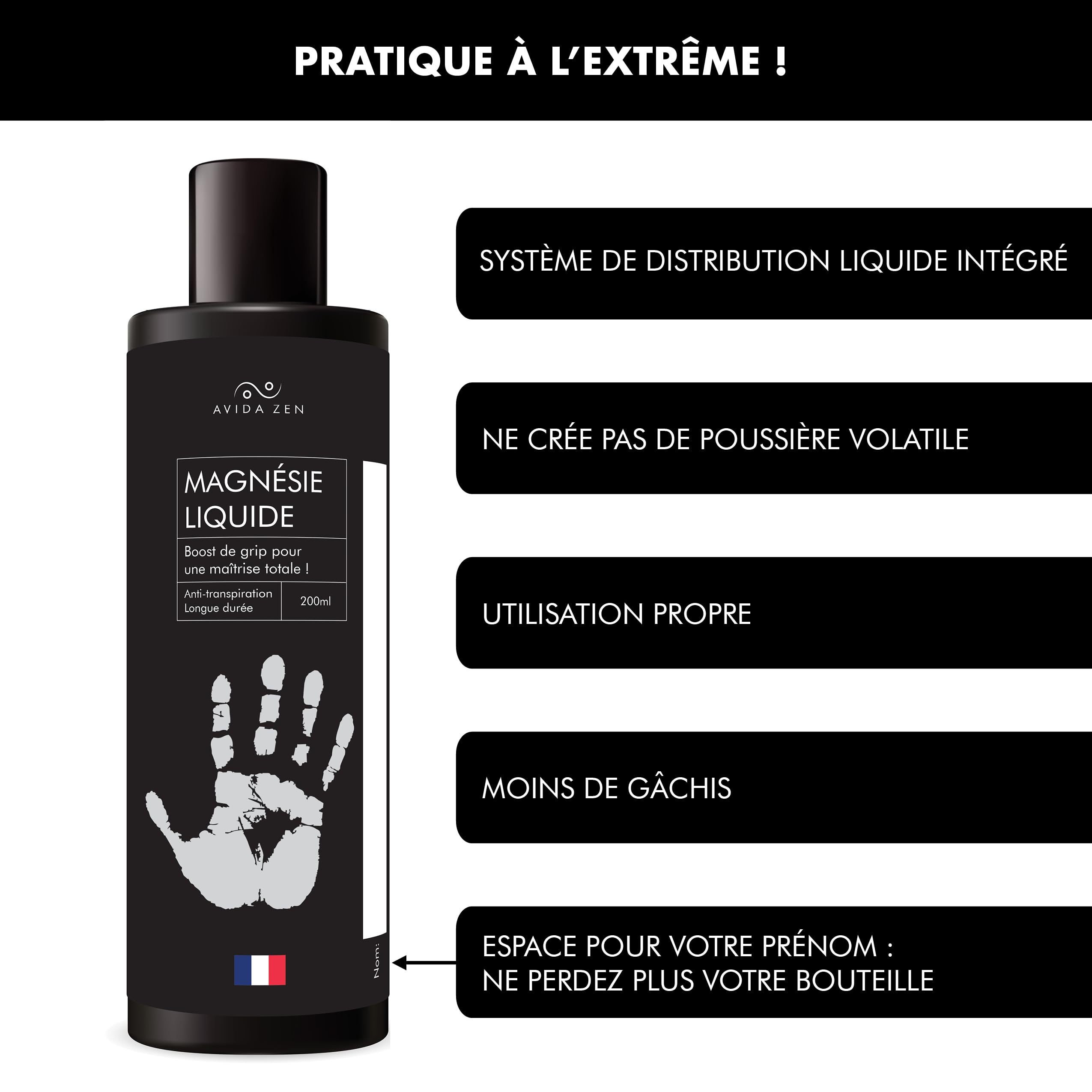 AVIDA ZEN Magnésie Liquide 200ml – Liquid Chalk pour Escalade, Padel, Gymnastique, Crossfit, Musculation, Tennis