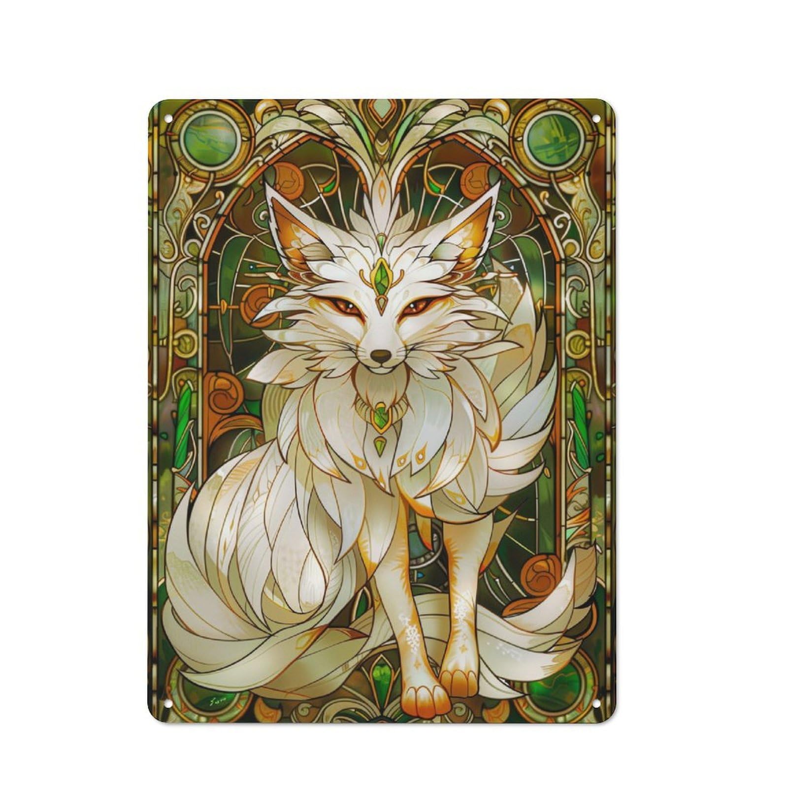 Junmoney Fox Kitsune Stain Glass Metal Plaque 40X30cm With For Workshop Wall, Retro Decor, For Garage, Workshop And Man Cave Decoration
