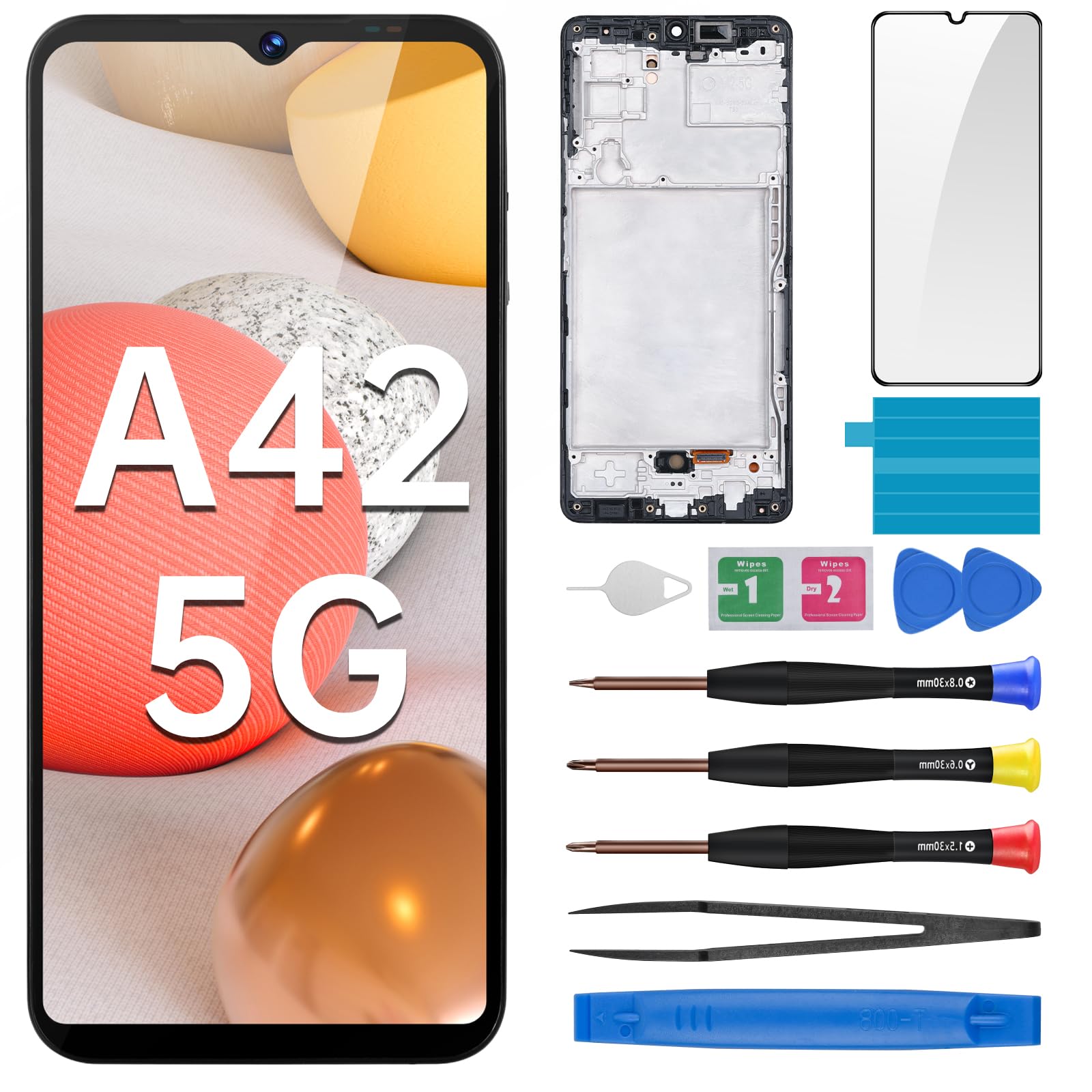 BESJMYT for Samsung Galaxy A42 5G AMOLED Screen Replacement with Frame AMOLED Display Touch Digitizer Full Assembly Fix Glass with Repair Tools Kit