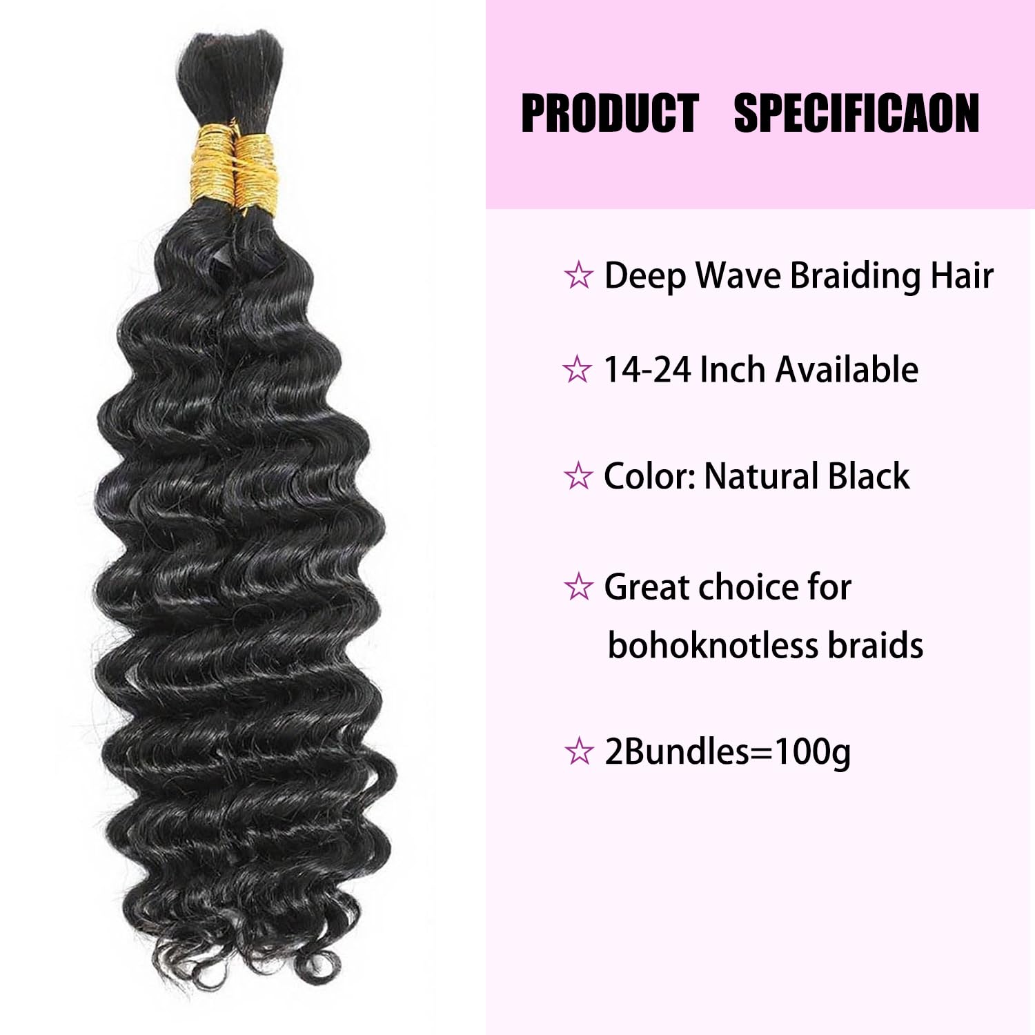 Natural Black Deep Wave Bulk Human Hair for Boho Braids, 2 Bundles/Pack 100g No Weft 12A Curly for Human Braiding Hair Extensions（22 Inch，#1B）